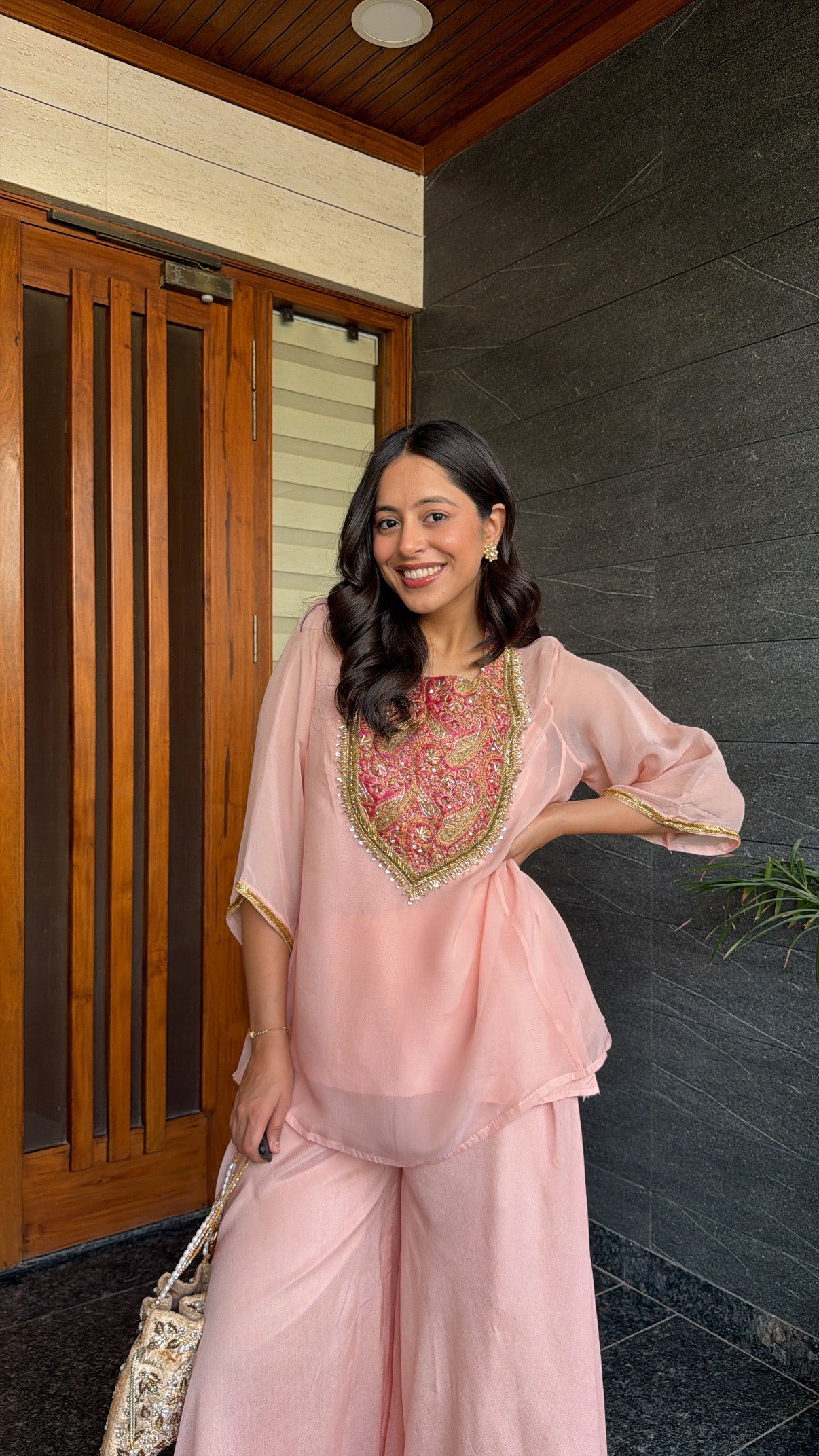 Pink Banarasi Detail Short Kurta and Plazzo Set - View 7 - PinkTree by Shrutika
