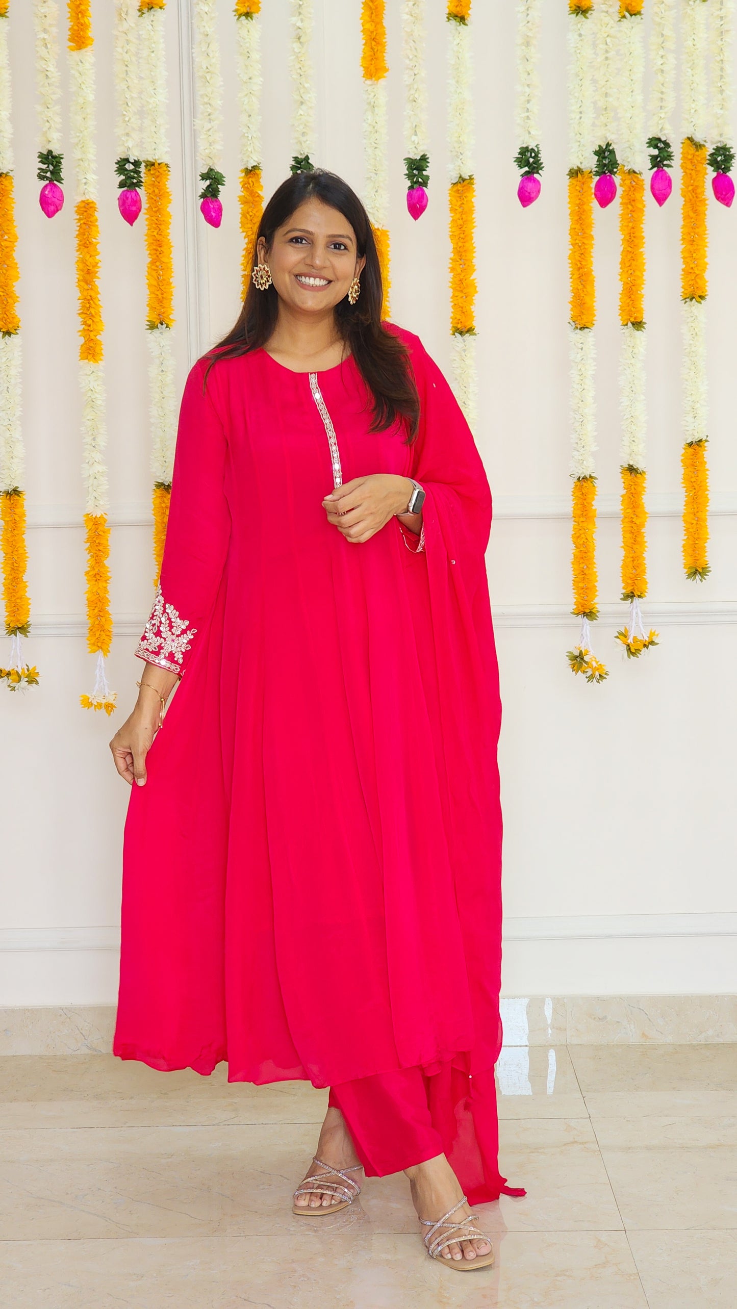 Rani Pink Chinnon Anarkali Set