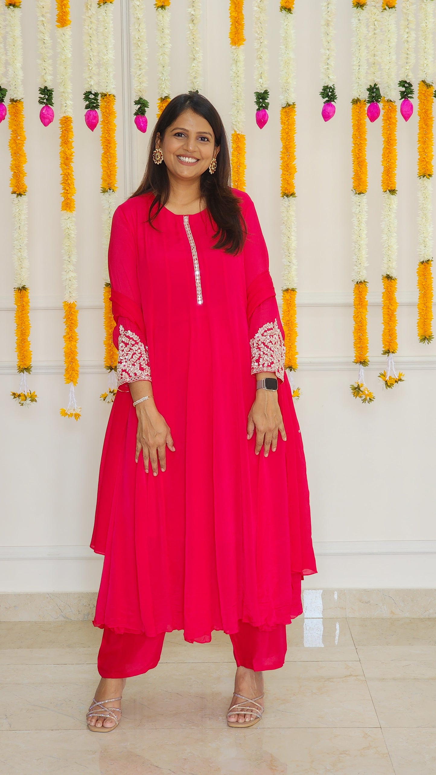 Rani Pink Chinnon Anarkali Set