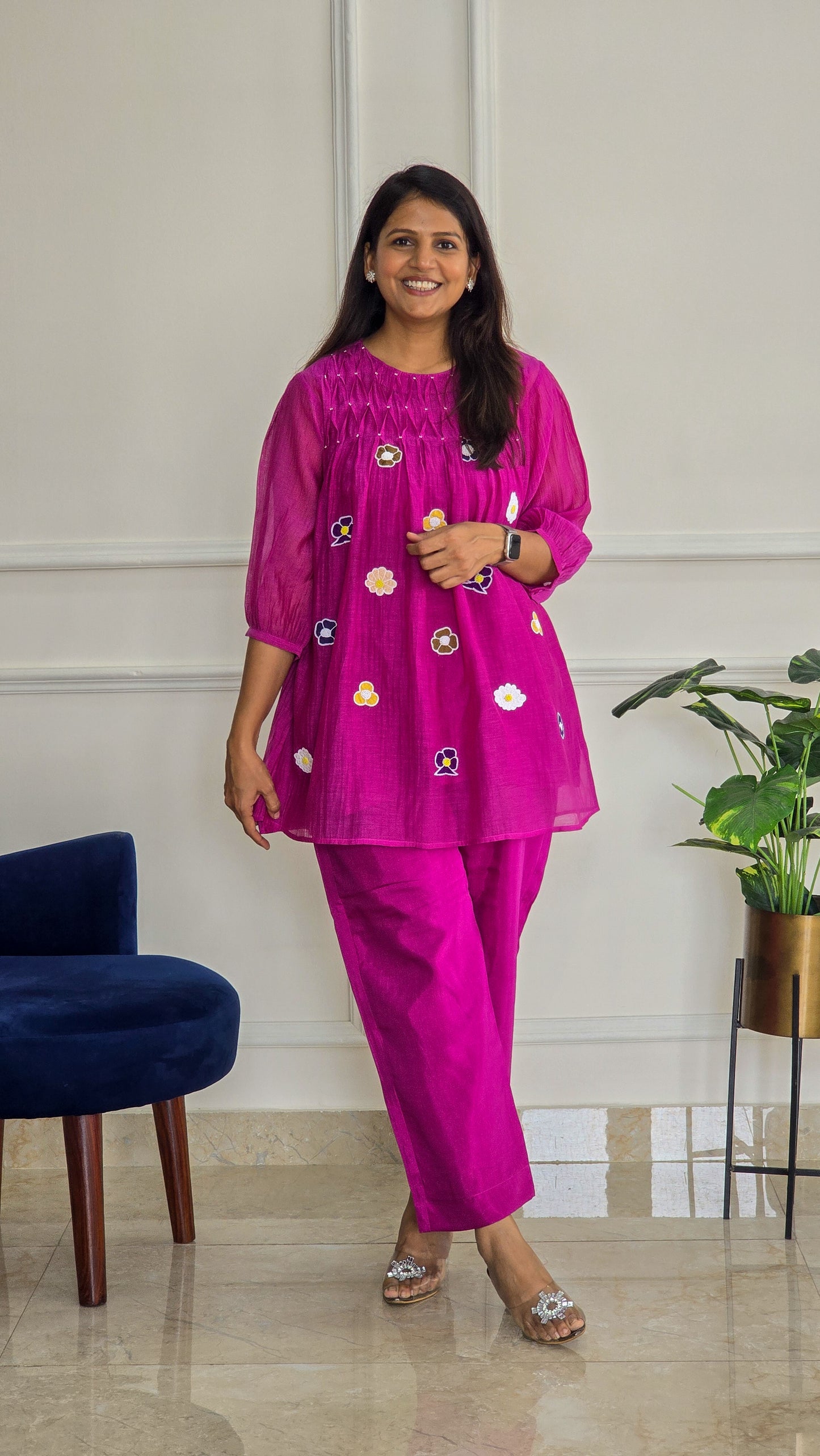 Magenta Mul Chanderi Co Ord Set with Applique And Smock Detailing