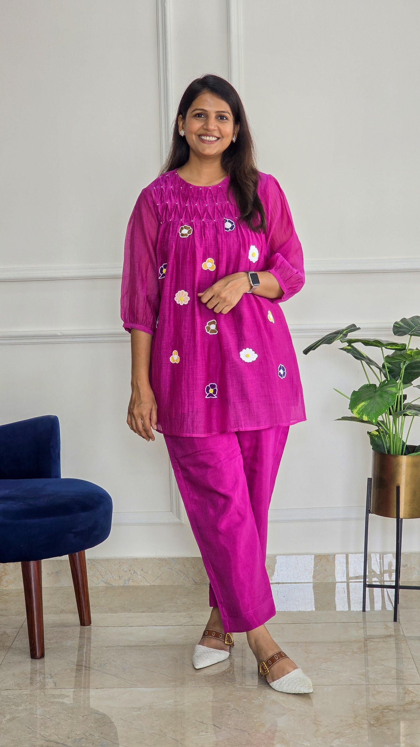 Magenta Mul Chanderi Co Ord Set with Applique And Smock Detailing