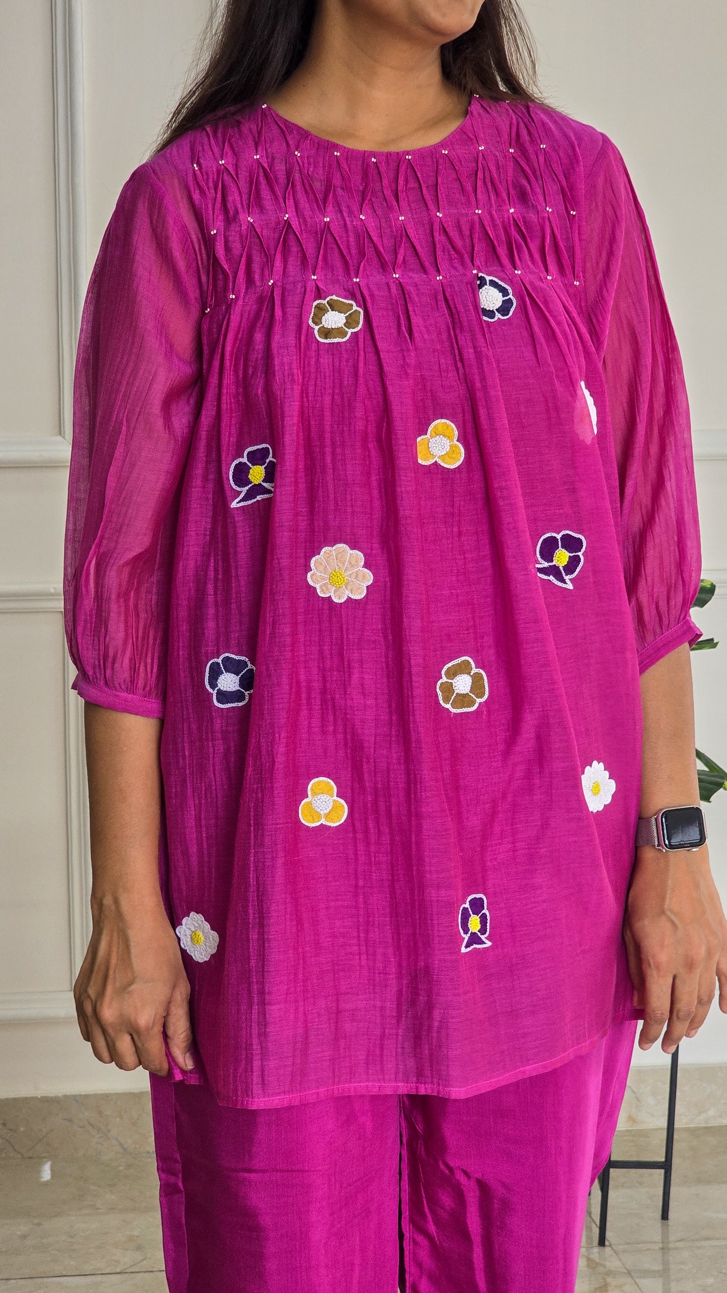 Magenta Mul Chanderi Co Ord Set with Applique And Smock Detailing