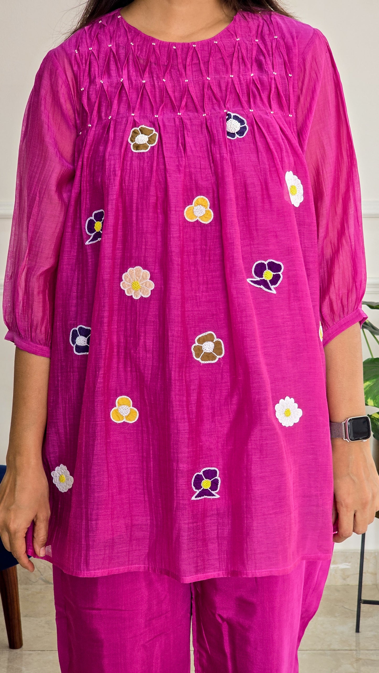 Magenta Mul Chanderi Co Ord Set with Applique And Smock Detailing