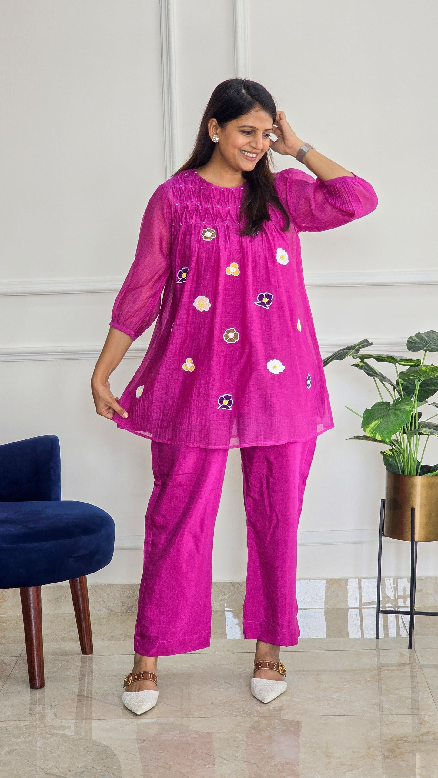 Magenta Mul Chanderi Co Ord Set with Applique And Smock Detailing