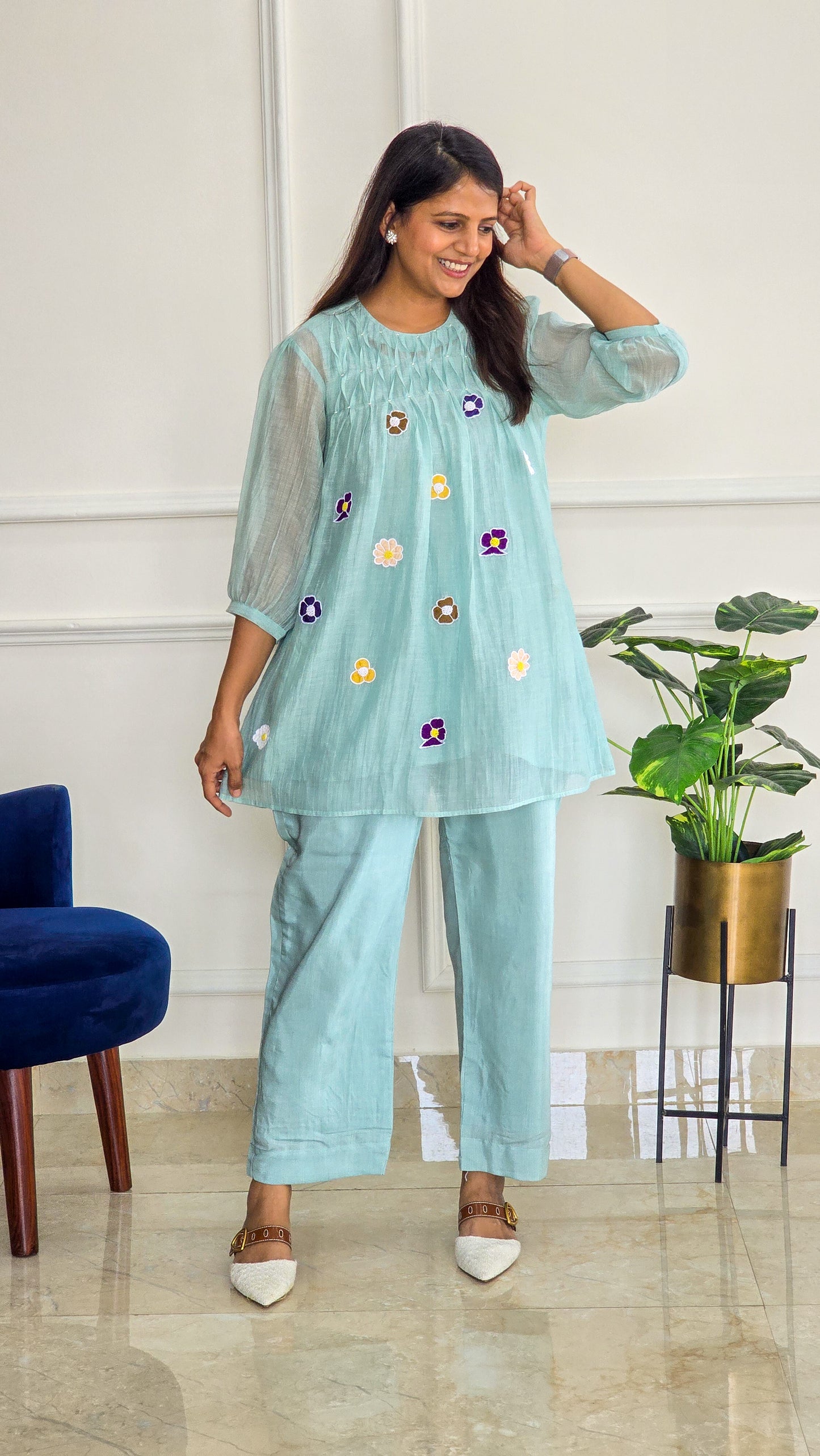 Aqua Blue Mul Chanderi Co Ord Set with Applique And Smock Detailing