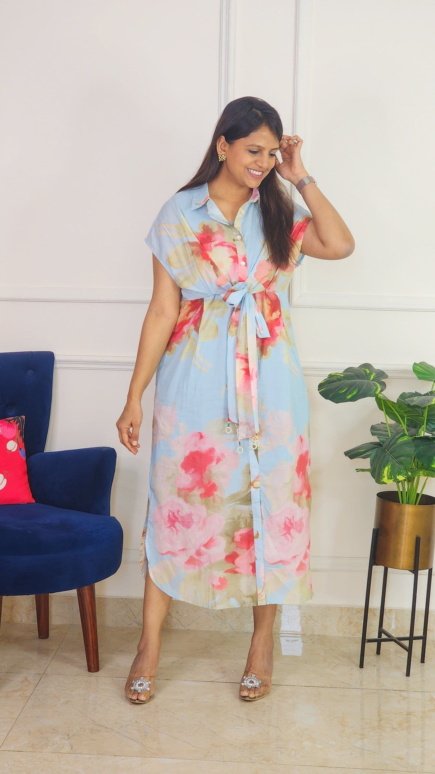 Sky Blue Floral Dress with Centre Tie-up Detailing
