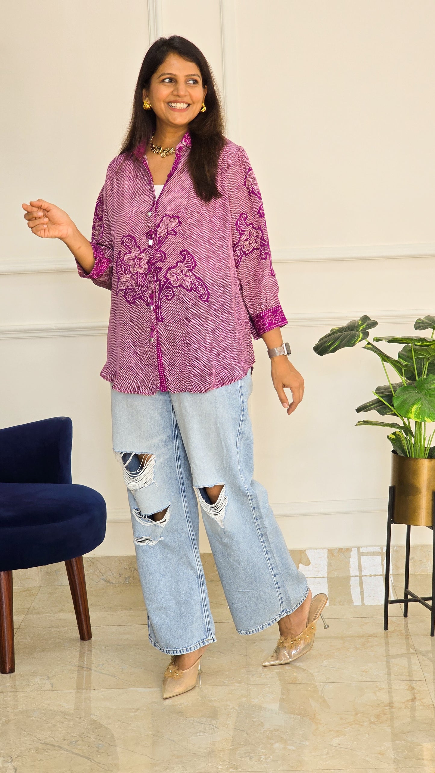 Purple Bandhej Crepe Shirt