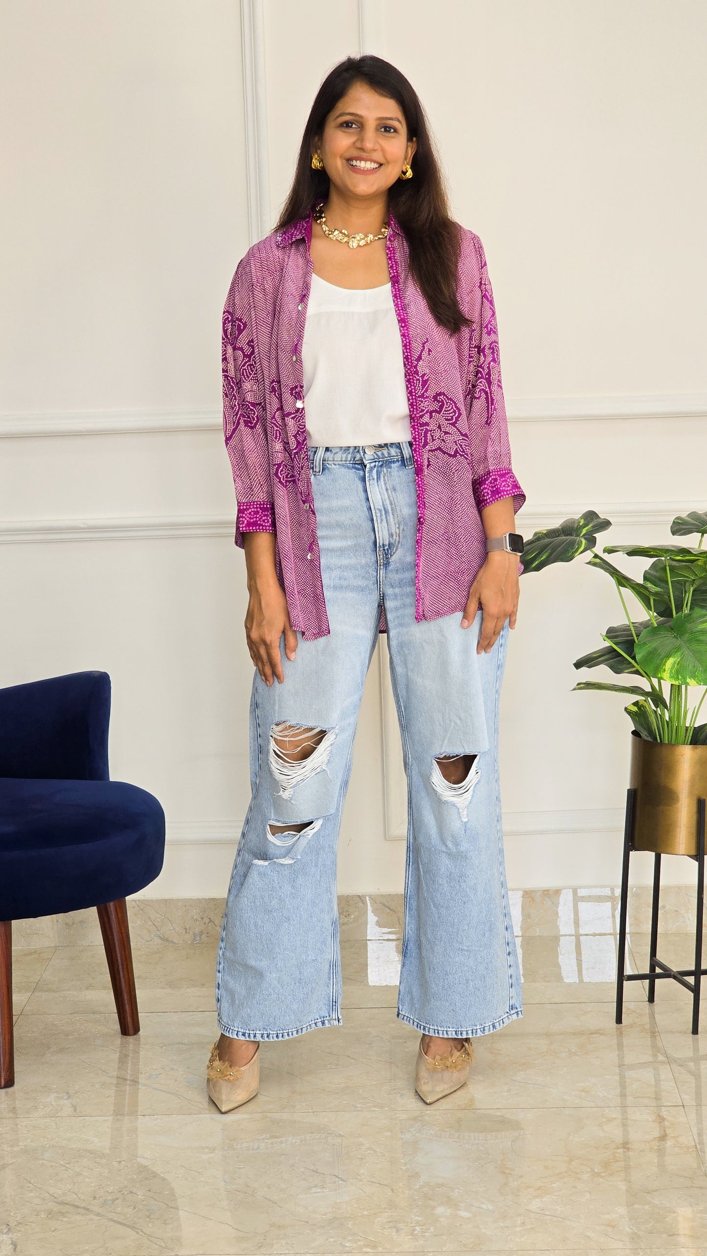 Purple Bandhej Crepe Shirt