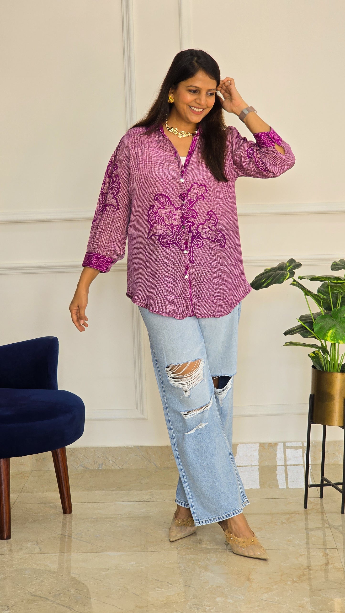 Purple Bandhej Crepe Shirt