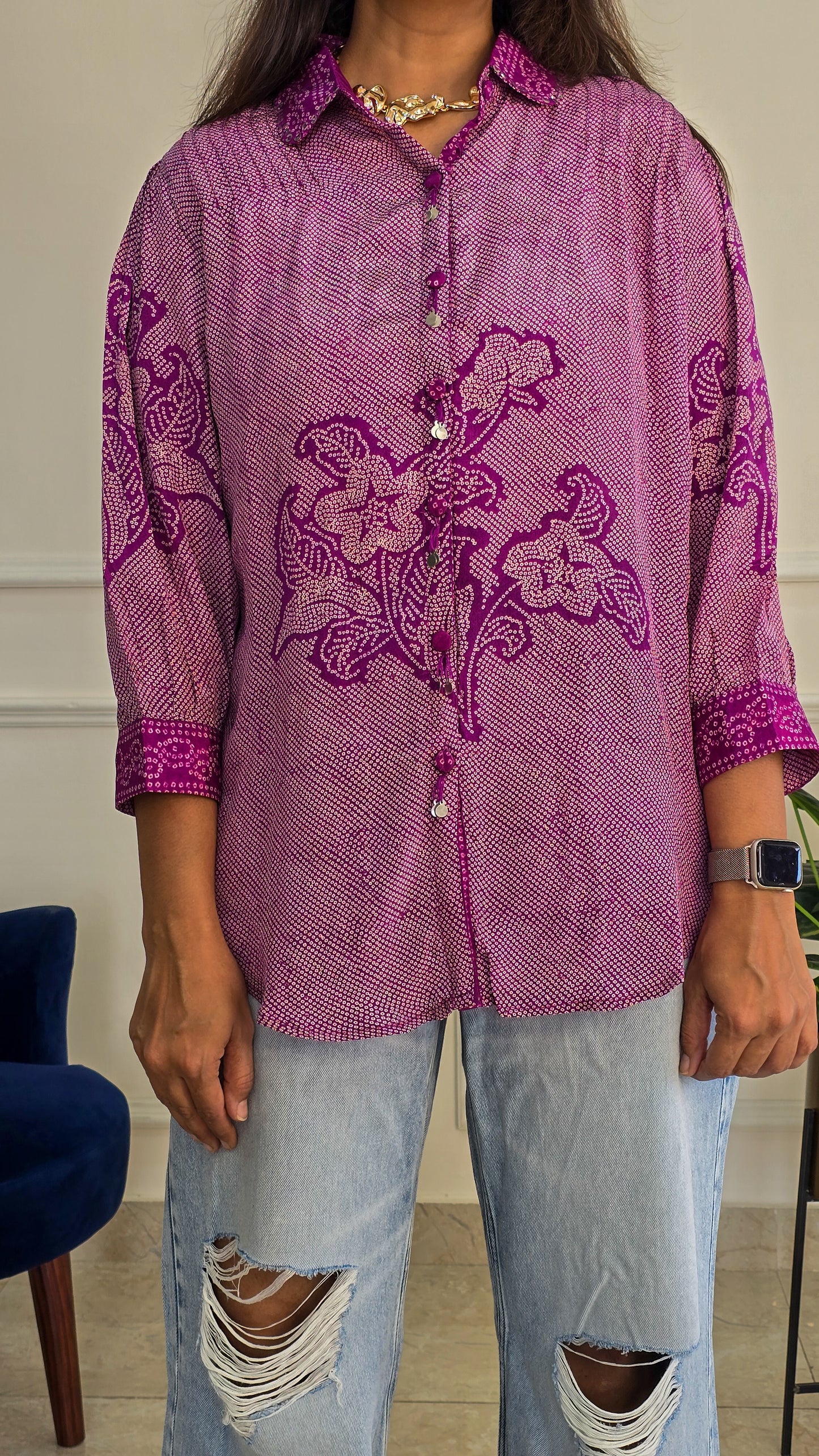 Purple Bandhej Crepe Shirt