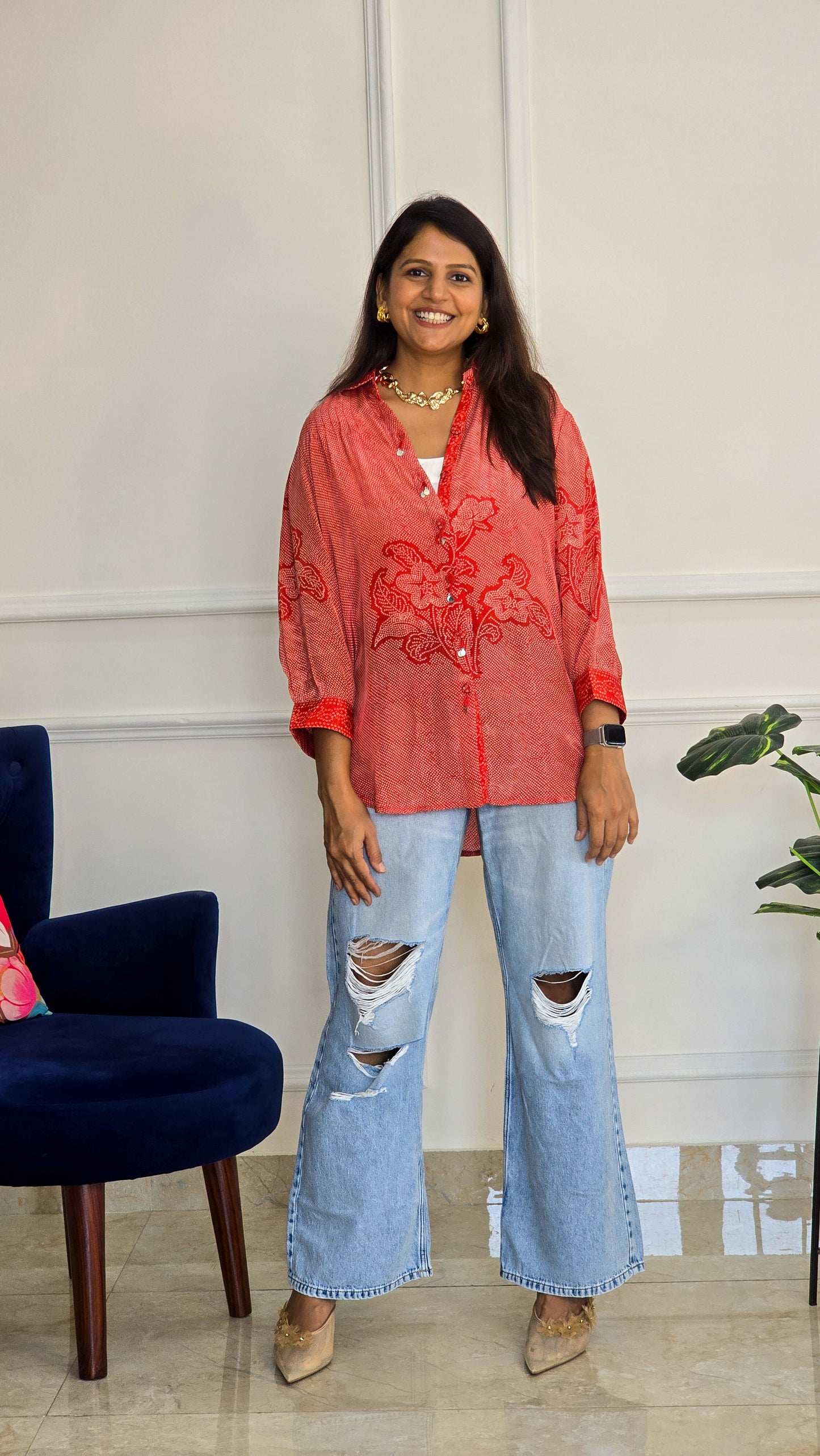 Orange Bandhej Crepe Shirt