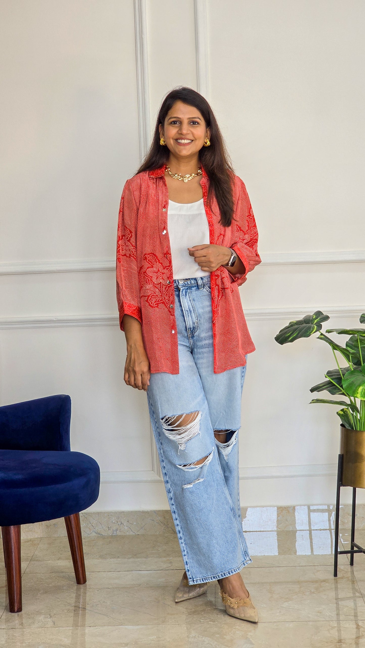 Orange Bandhej Crepe Shirt