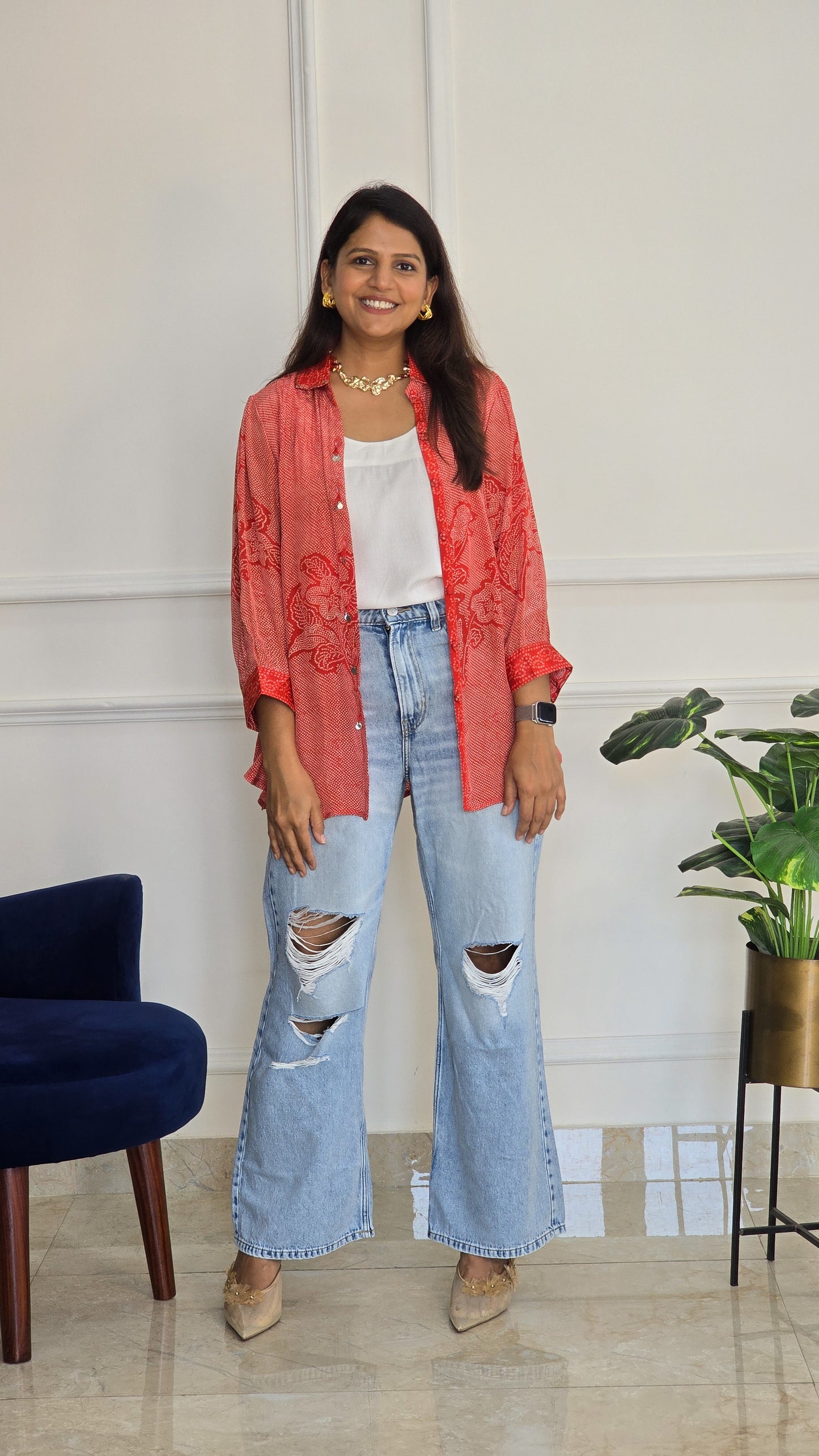 Orange Bandhej Crepe Shirt