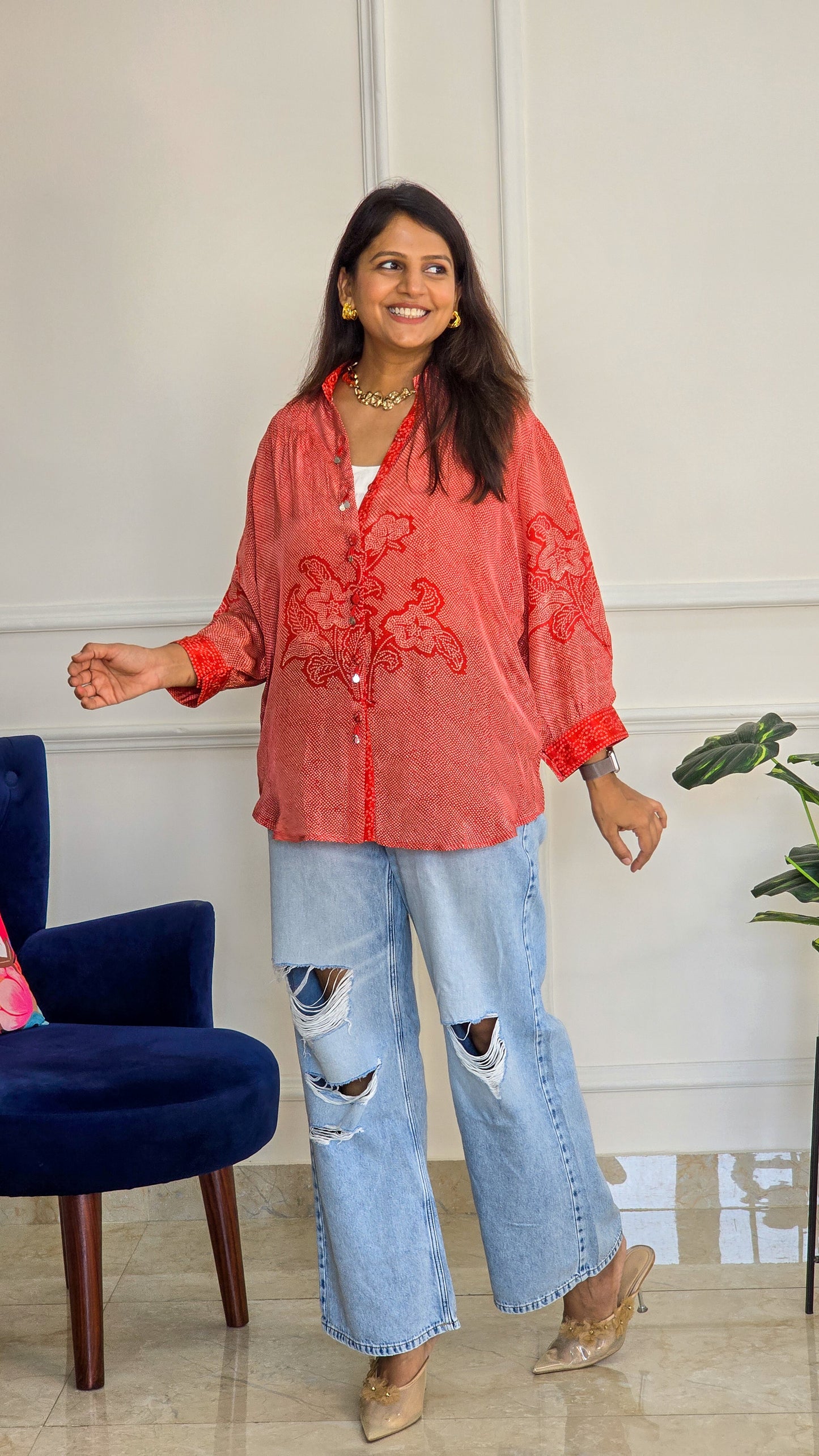 Orange Bandhej Crepe Shirt