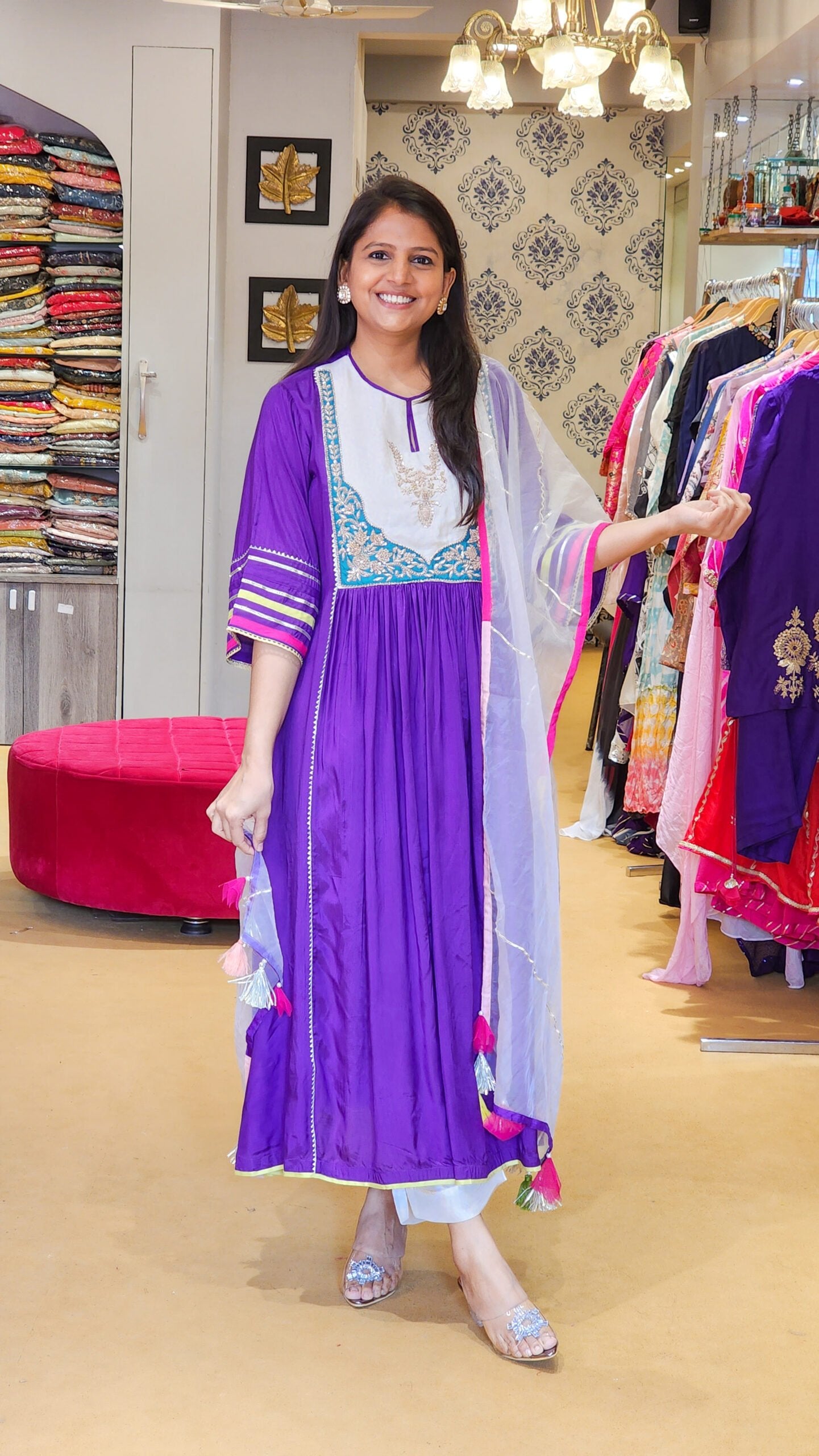 Jhilmil Purple Zardosi Hand work Detailing Flare Suit Set (F)