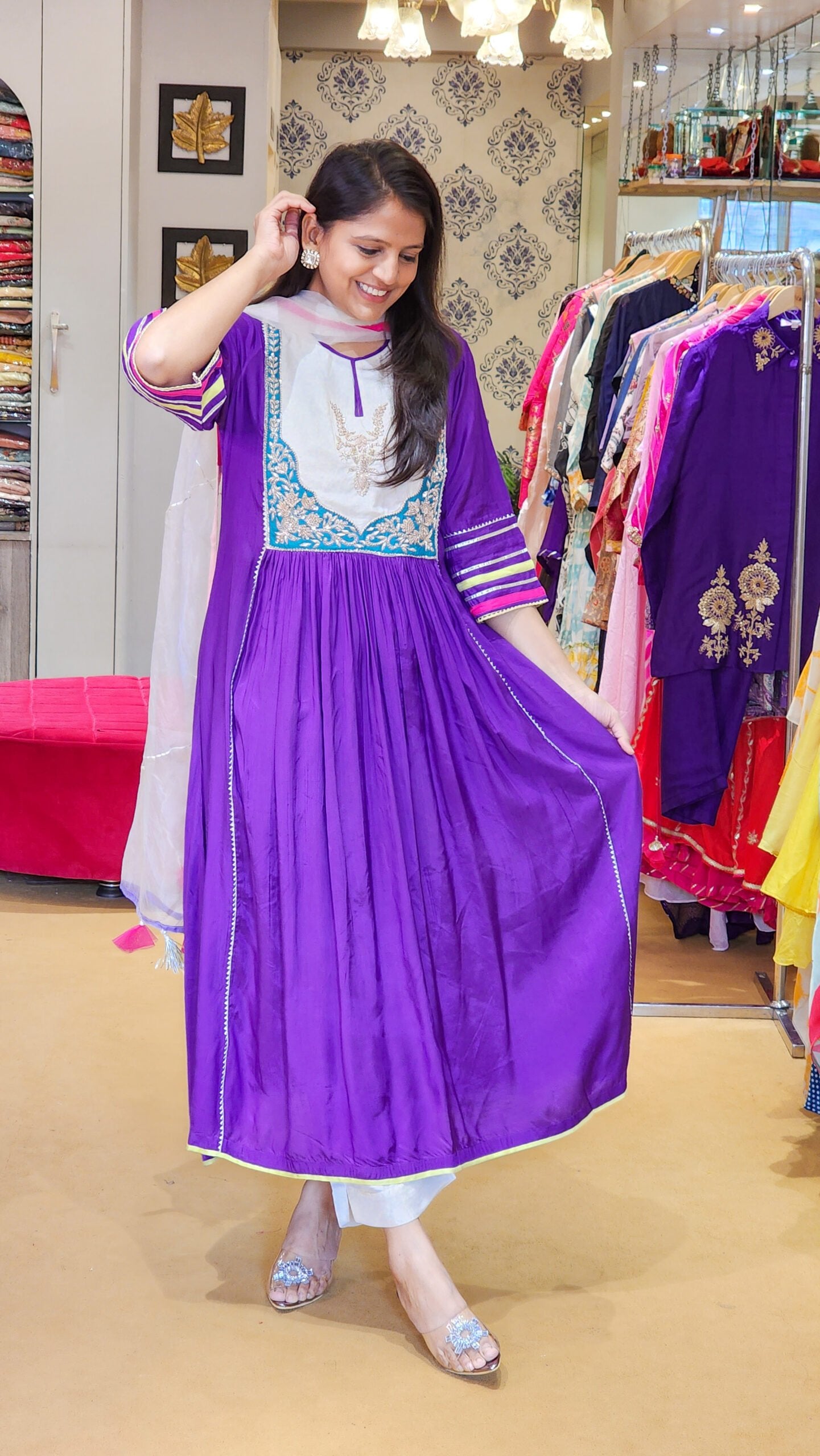 Jhilmil Purple Zardosi Hand work Detailing Flare Suit Set (F)