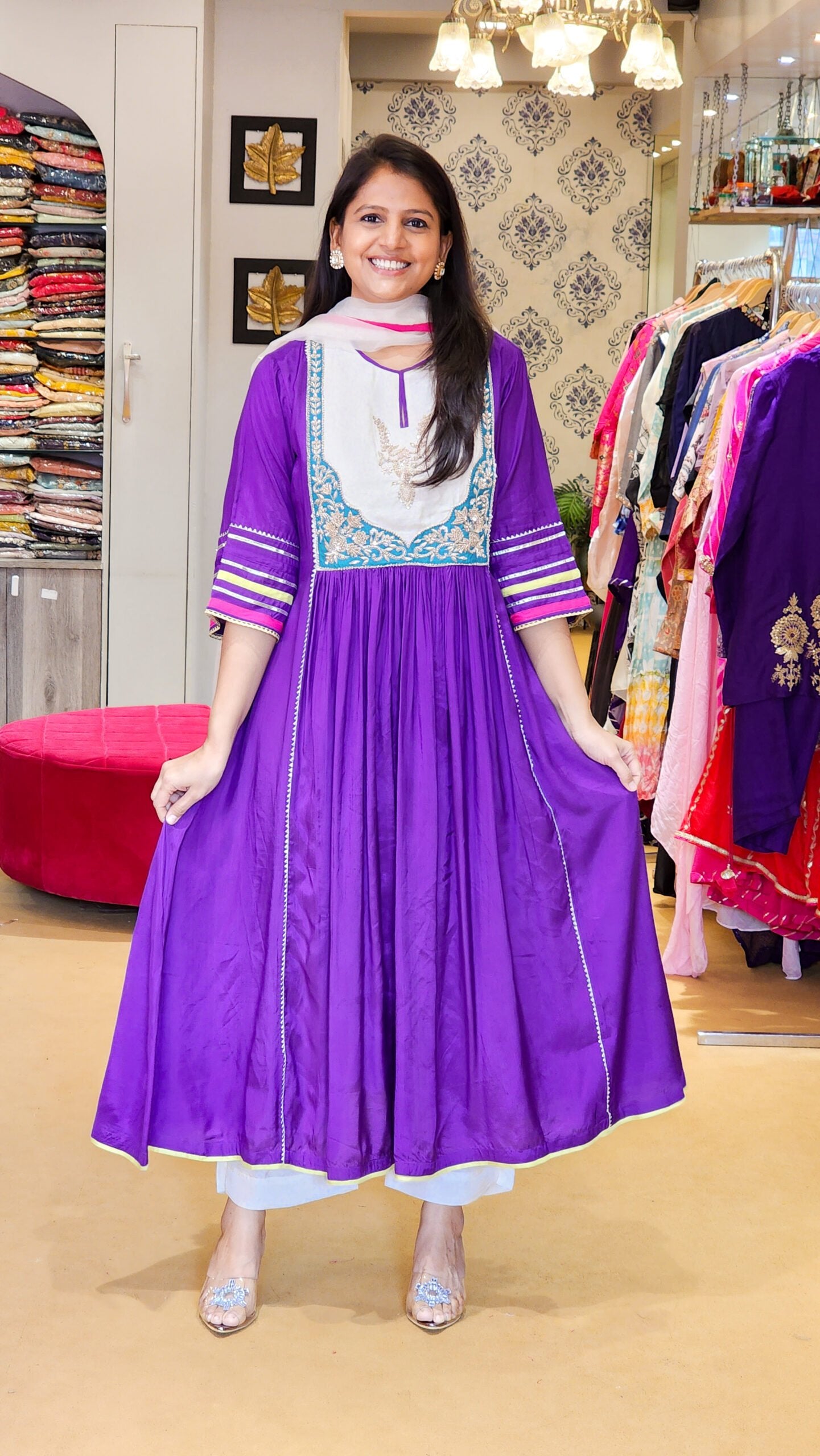 Jhilmil Purple Zardosi Hand work Detailing Flare Suit Set (F)