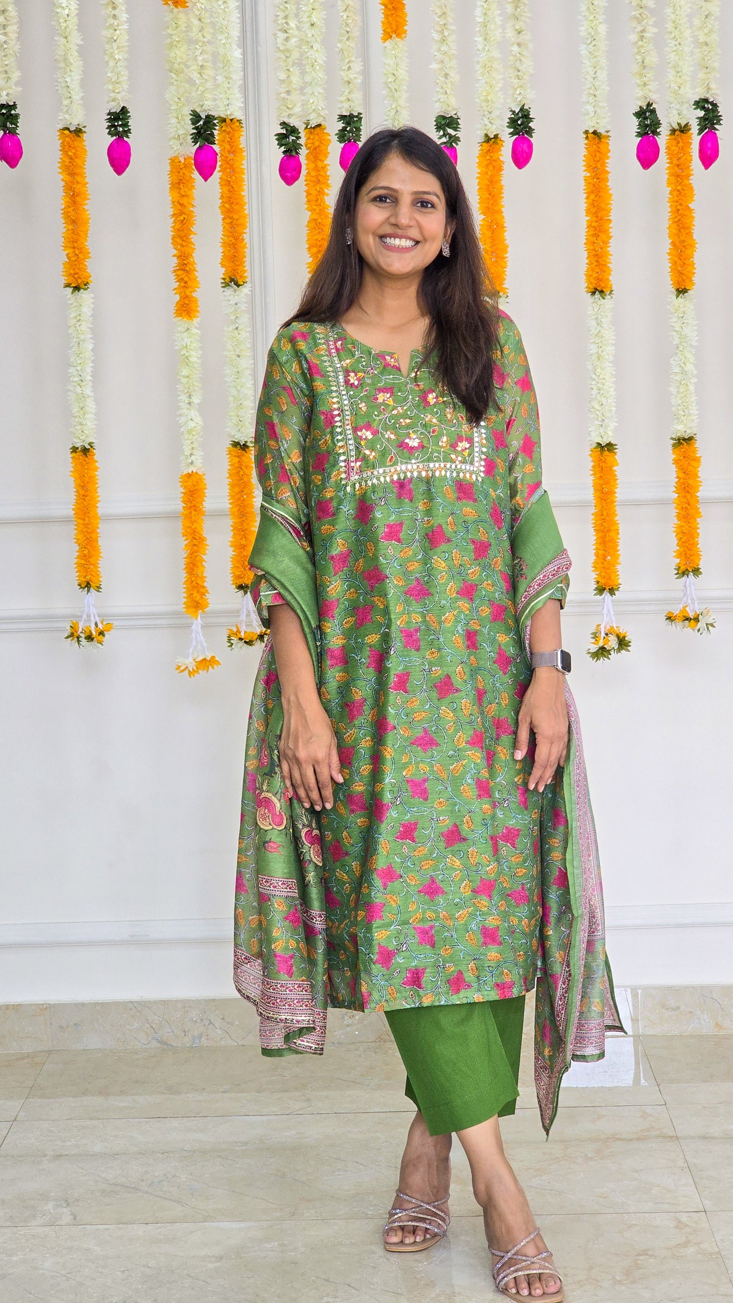 Green Kalamkari Chanderi suit set