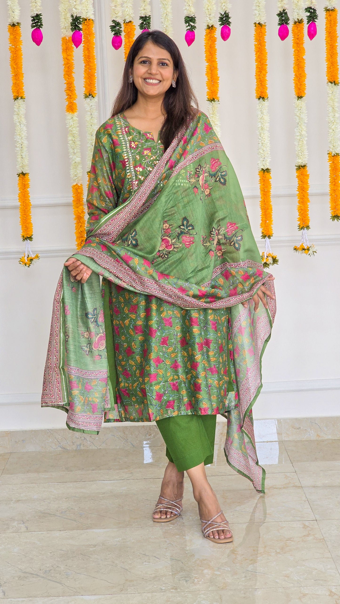 Green Kalamkari Chanderi suit set