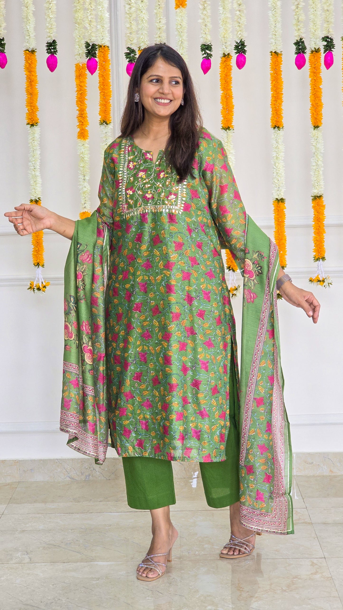 Green Kalamkari Chanderi suit set