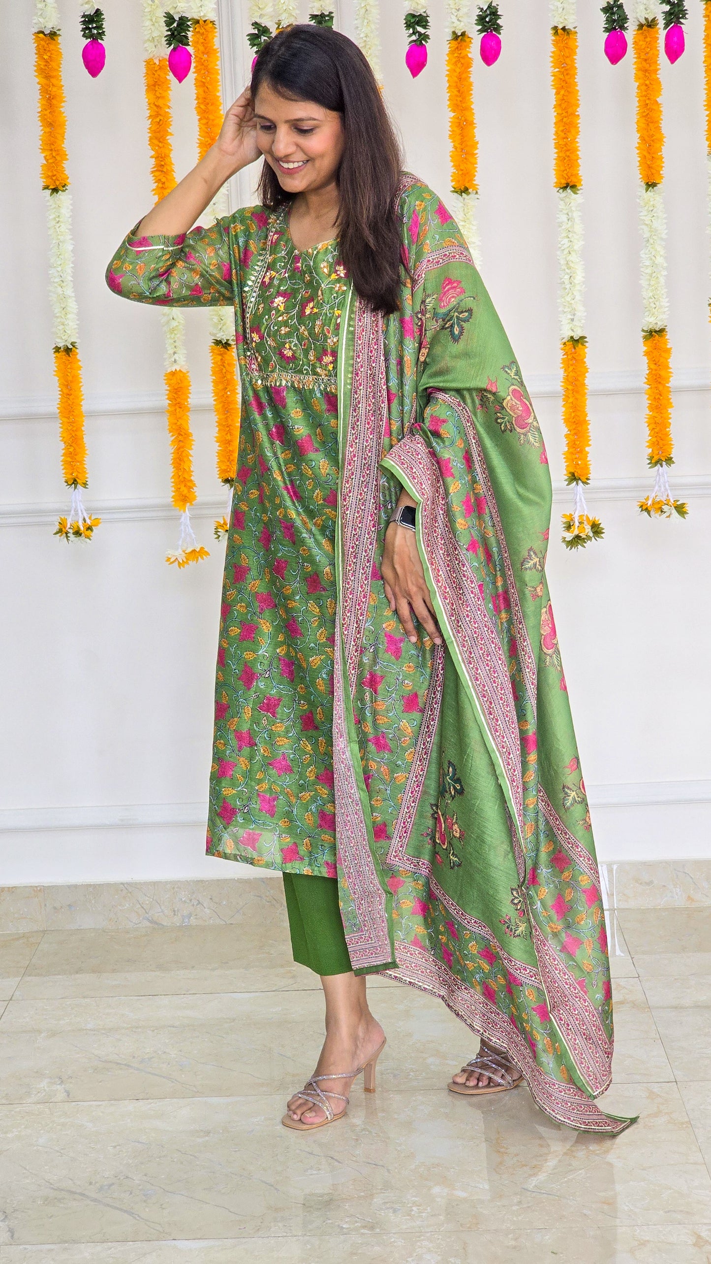 Green Kalamkari Chanderi suit set