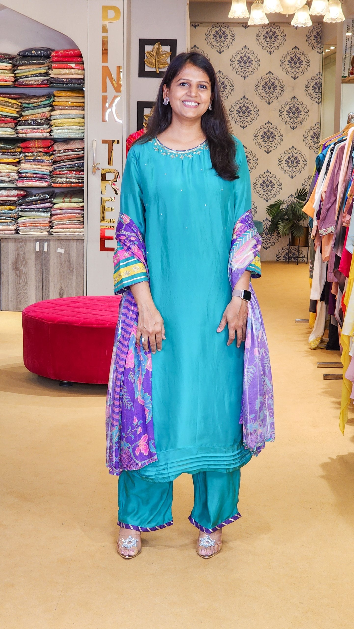 Firozi Kurta and Floral Duppata Set