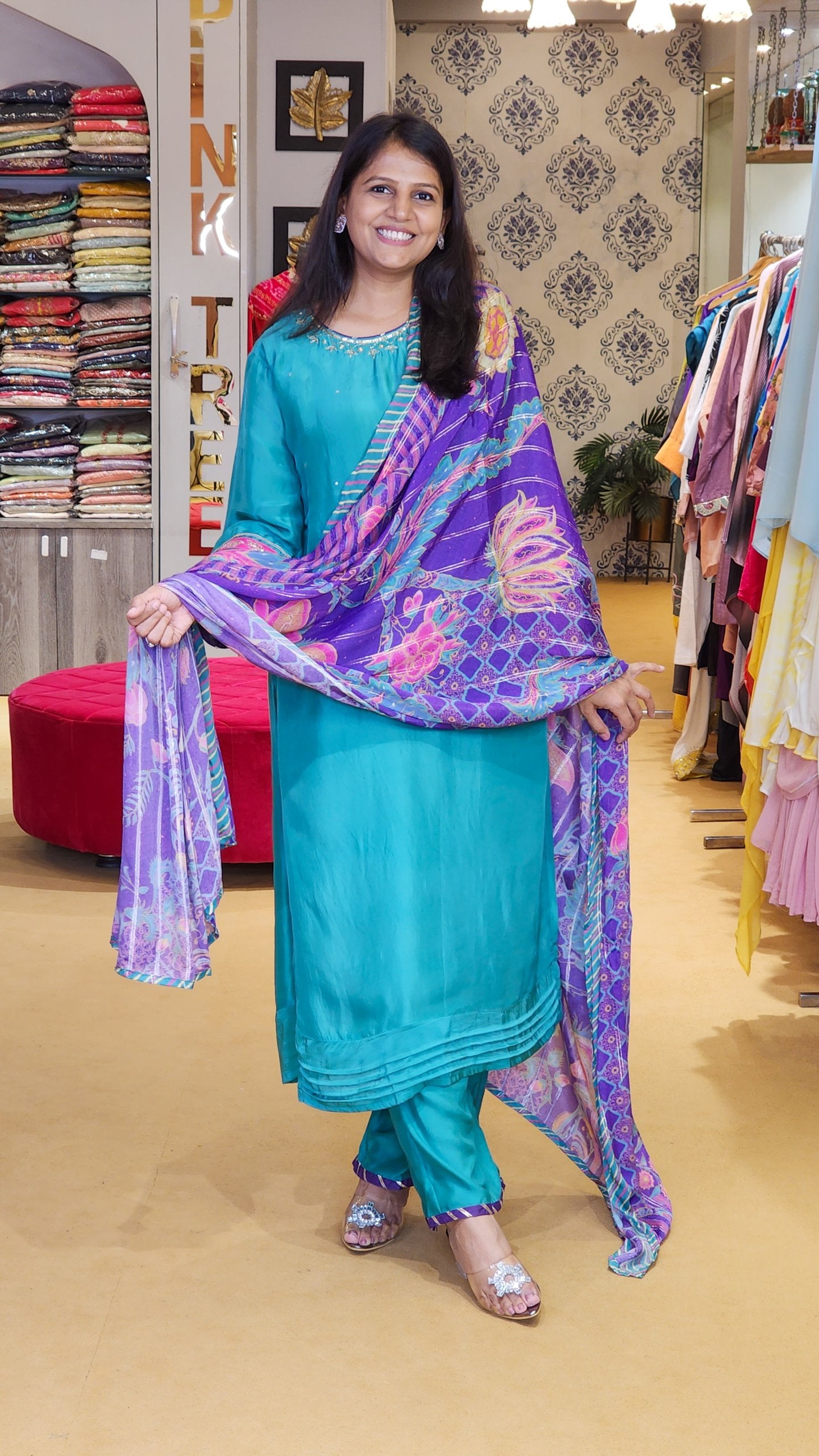 Firozi Kurta and Floral Duppata Set