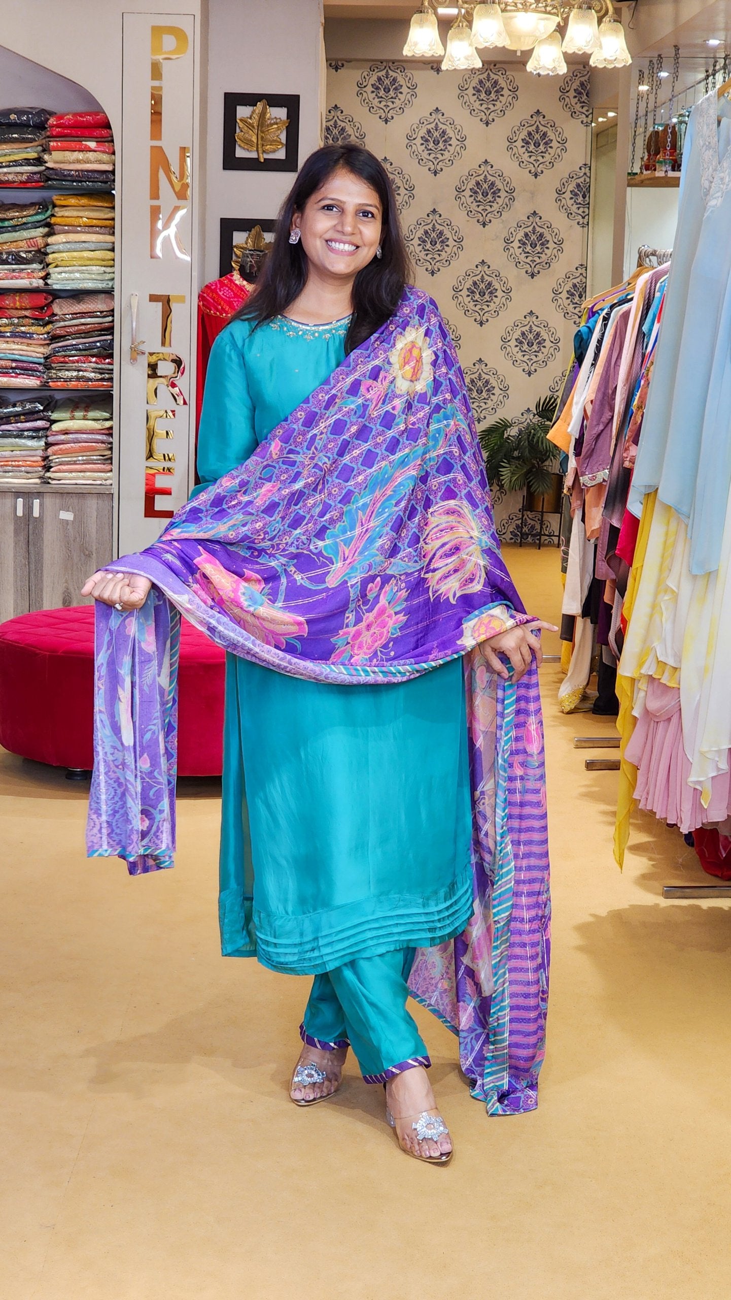 Firozi Kurta and Floral Duppata Set