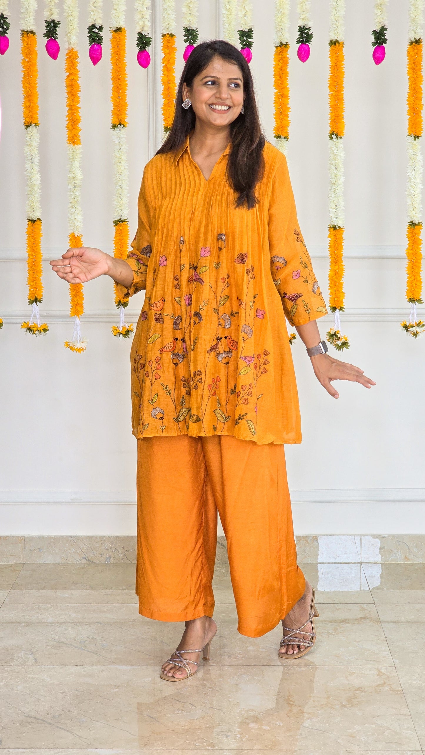 Golden Flora Mustard Mul Chanderi Co-ord Set