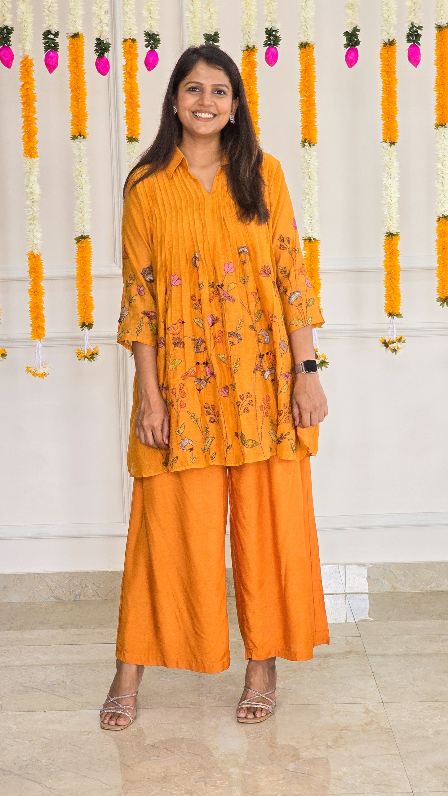 Golden Flora Mustard Mul Chanderi Co-ord Set