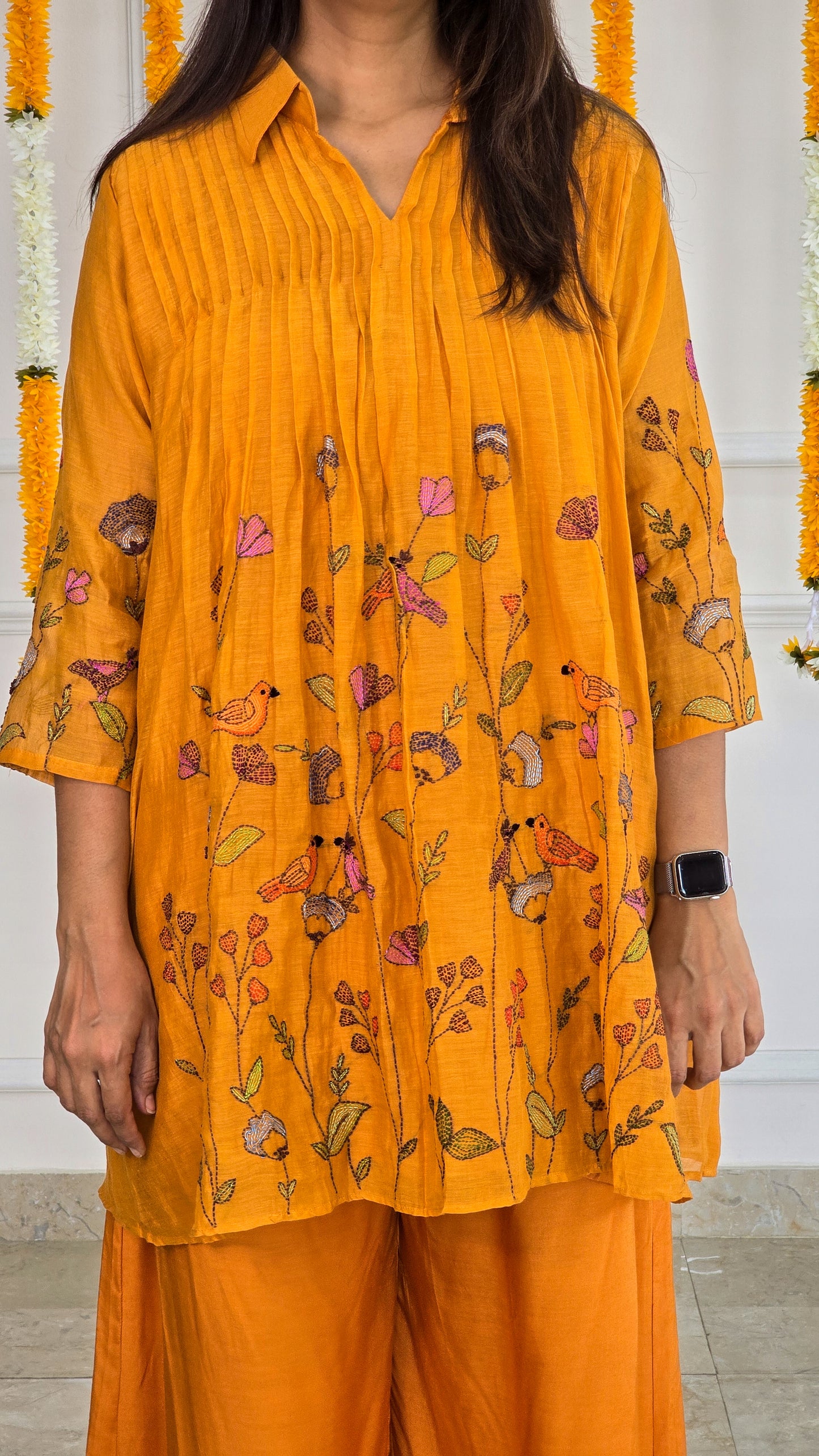 Golden Flora Mustard Mul Chanderi Co-ord Set