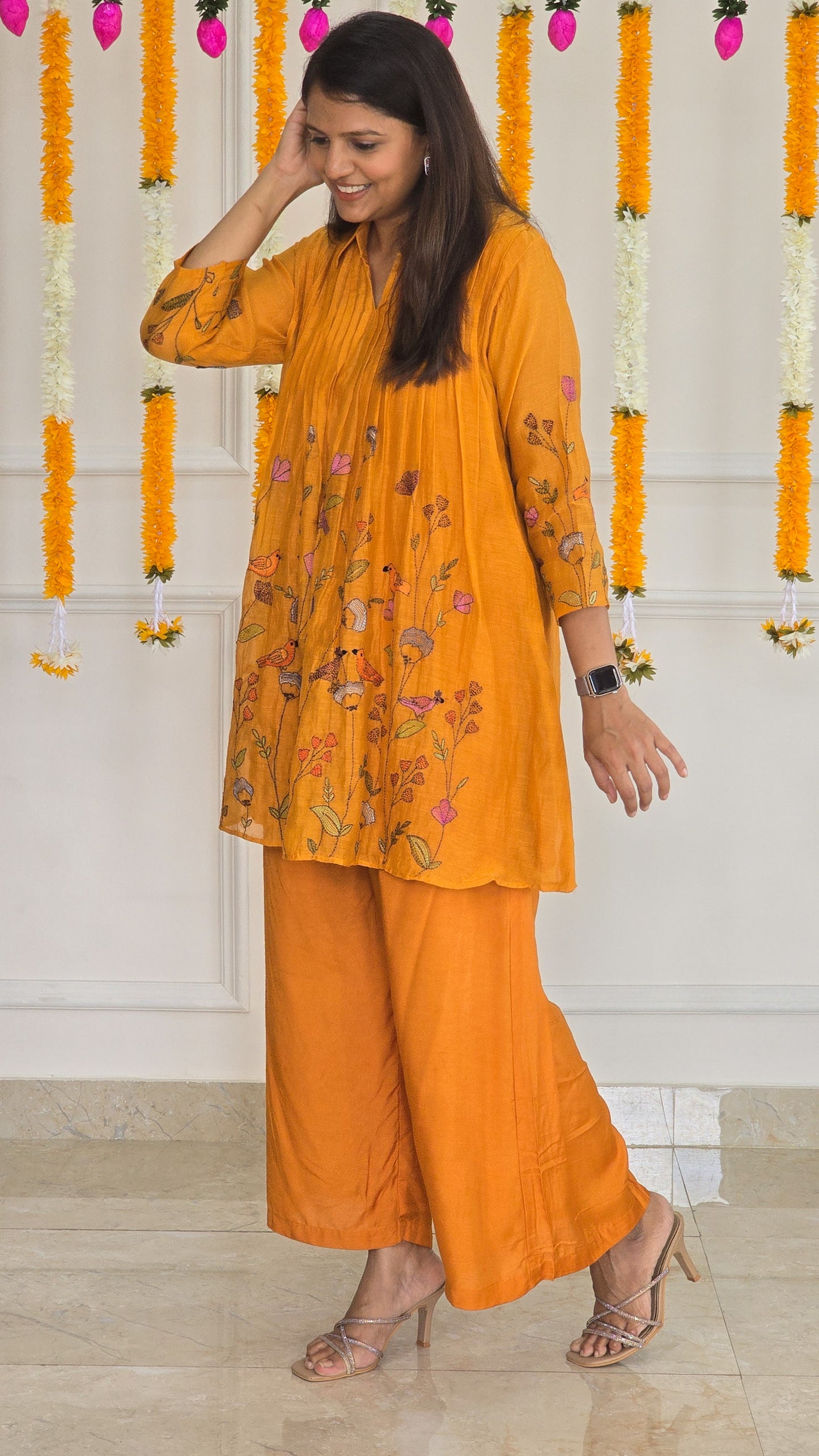 Golden Flora Mustard Mul Chanderi Co-ord Set