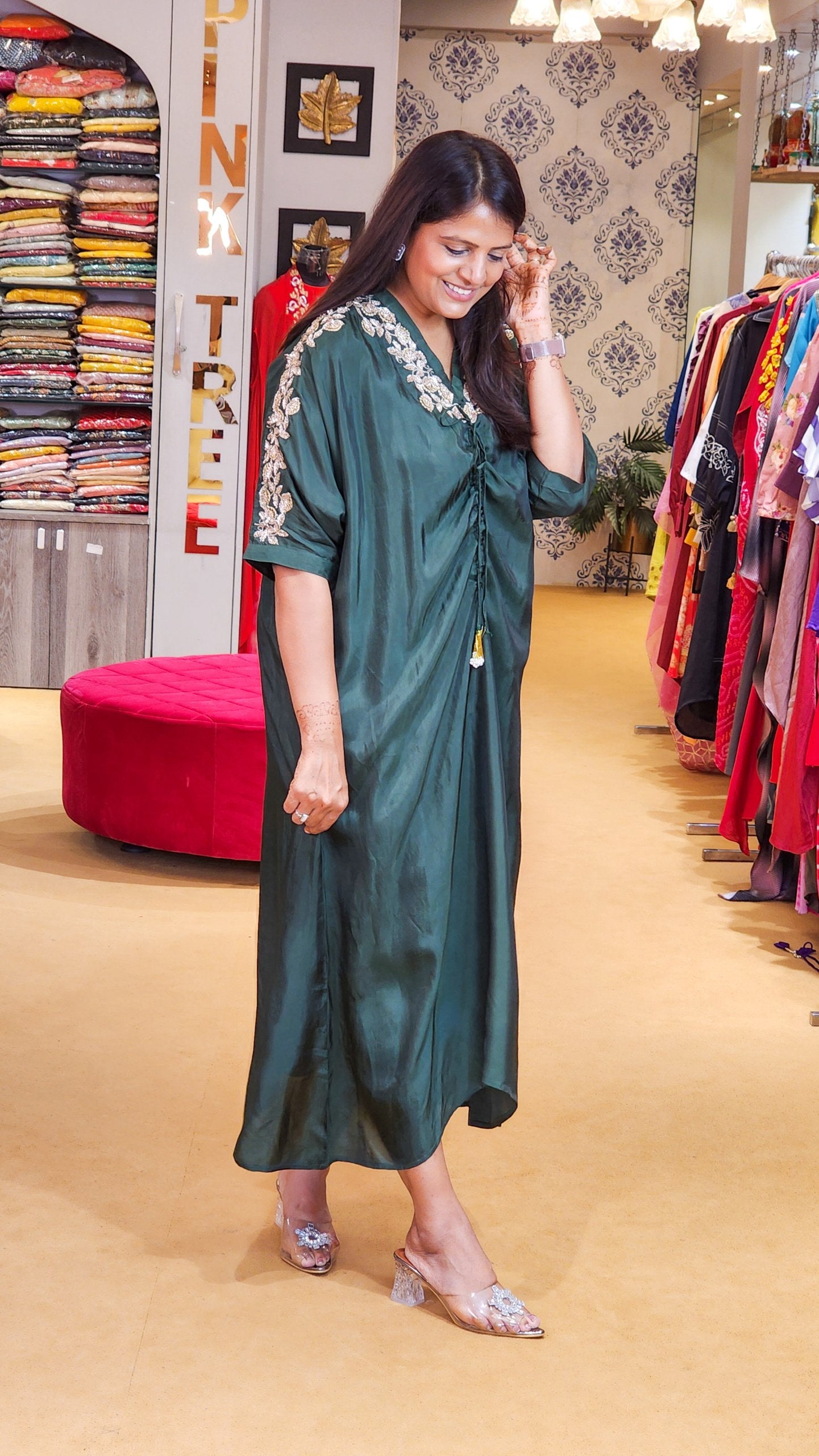 Bottle Green Kaftan With Zardosi Hand Work