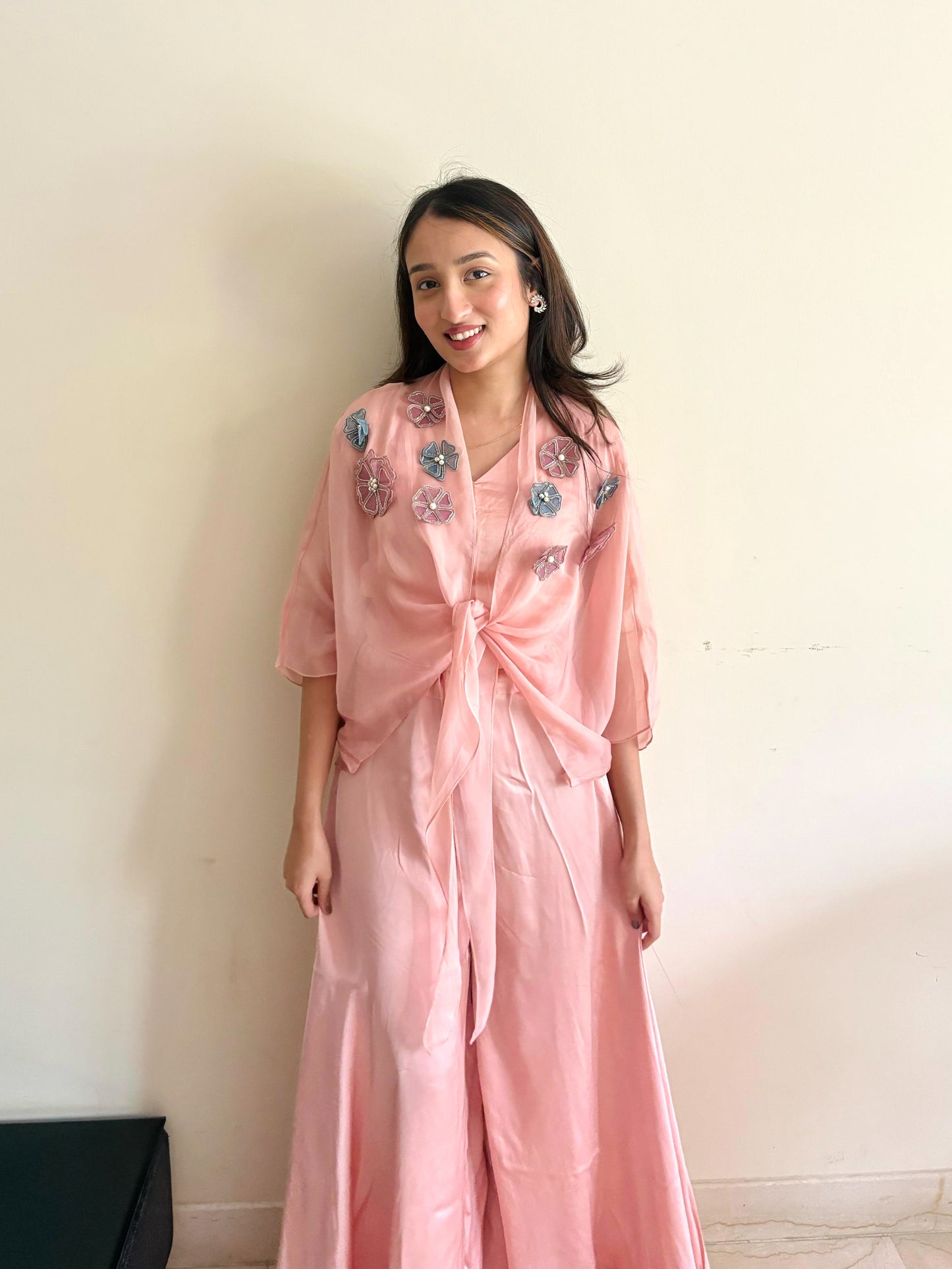 Blush Pink 3D Flower Organza Jacket Set