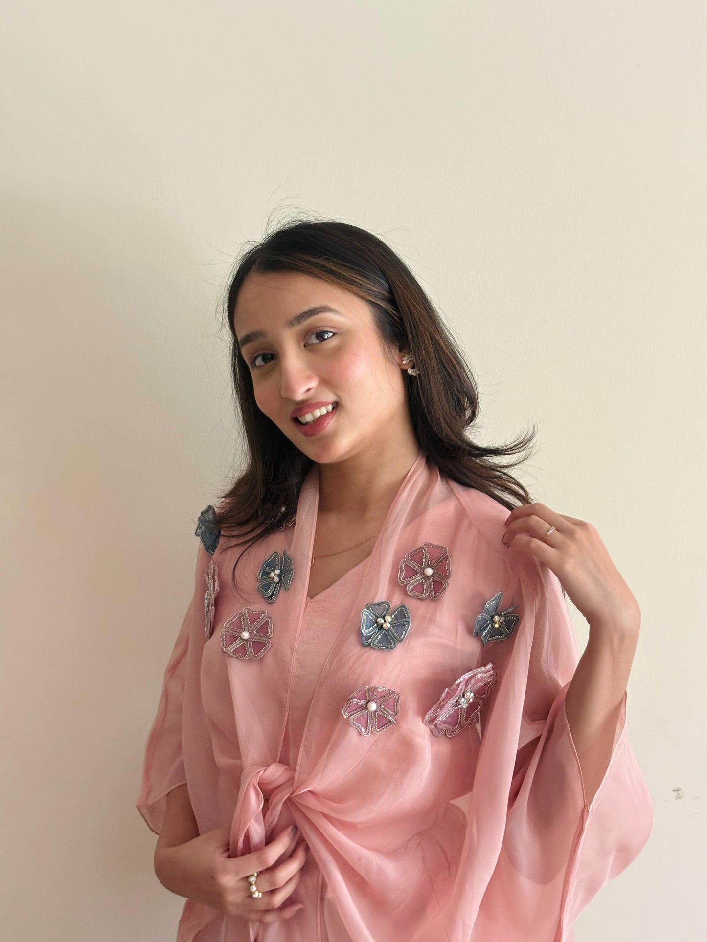 Blush Pink 3D Flower Organza Jacket Set