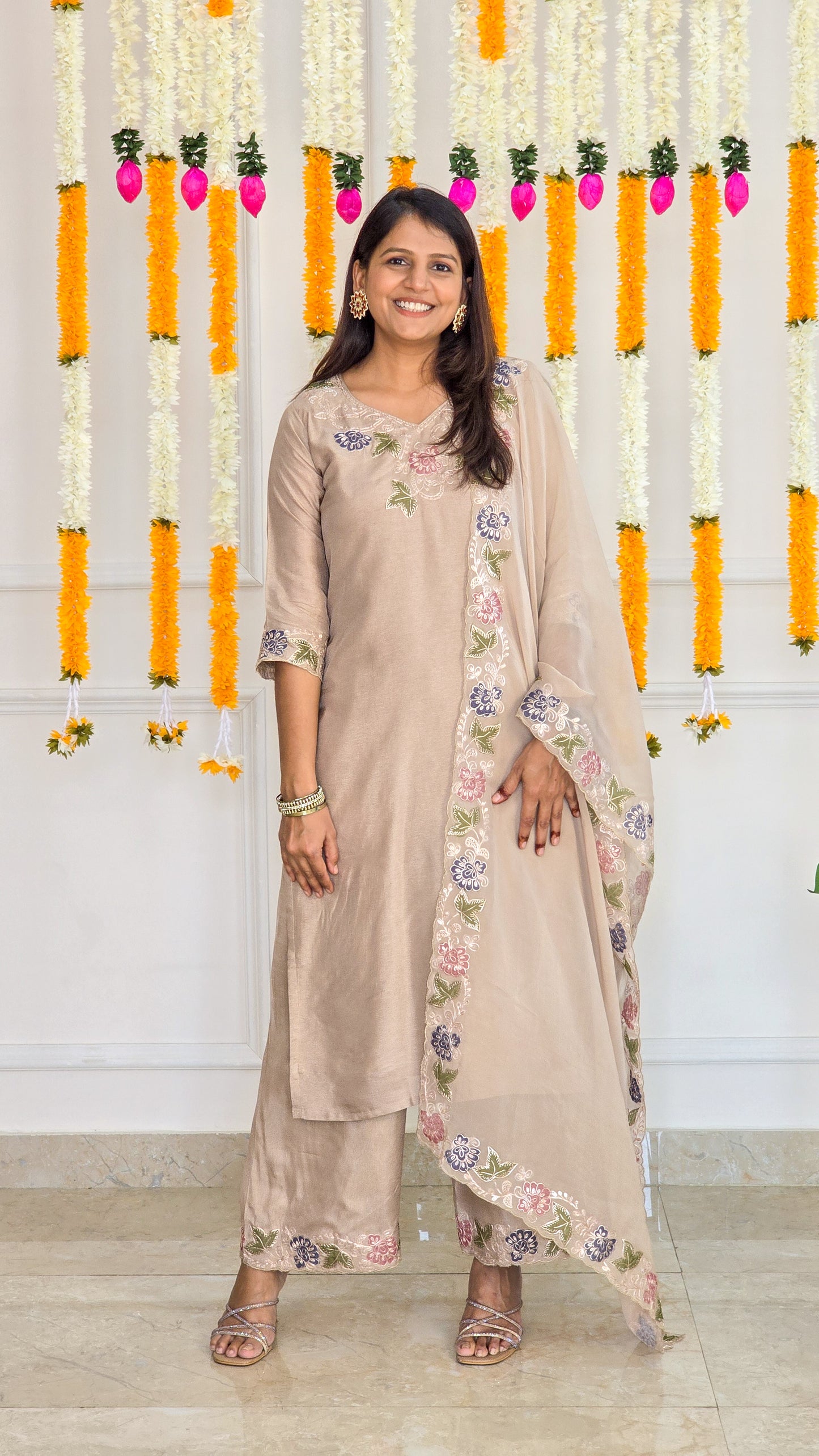 Golden Beige Applique Suit Set