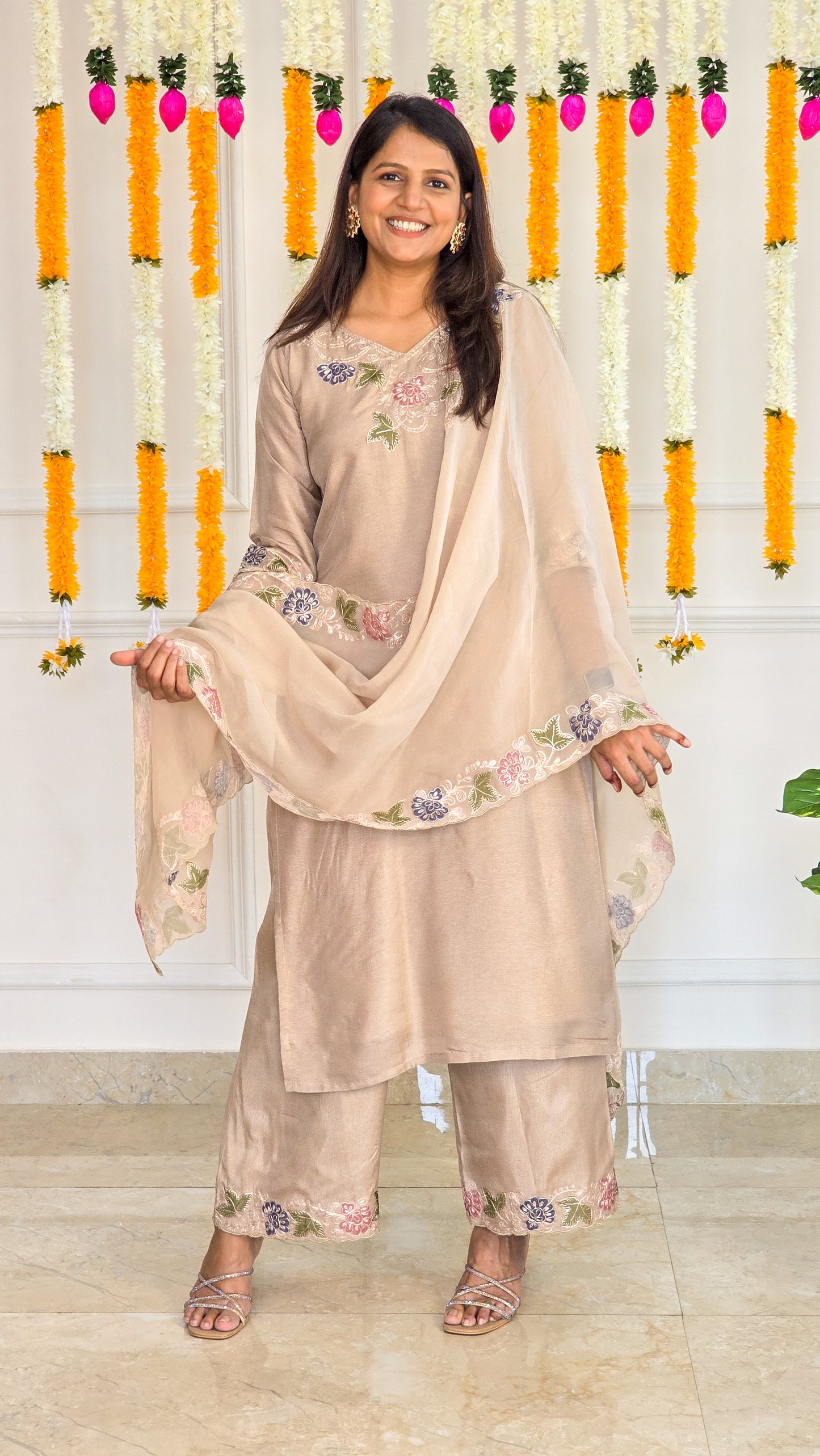 Golden Beige Applique Suit Set