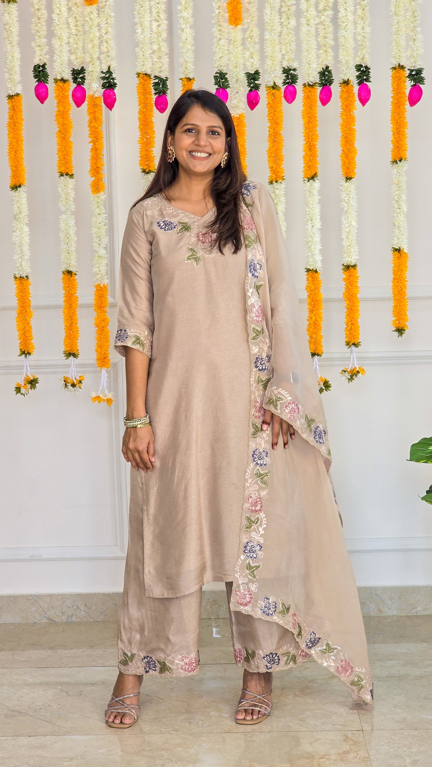 Golden Beige Applique Suit Set