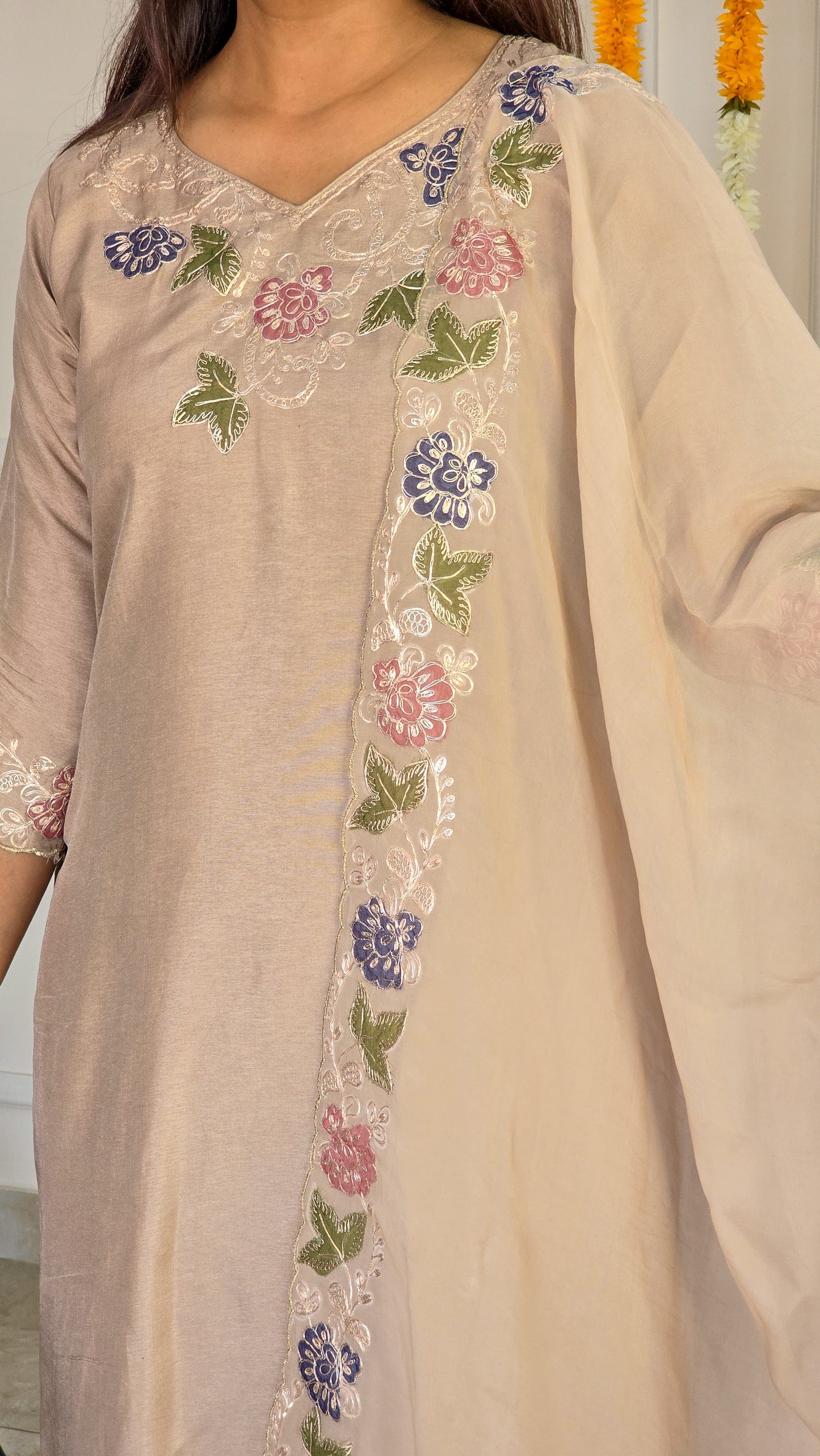 Golden Beige Applique Suit Set