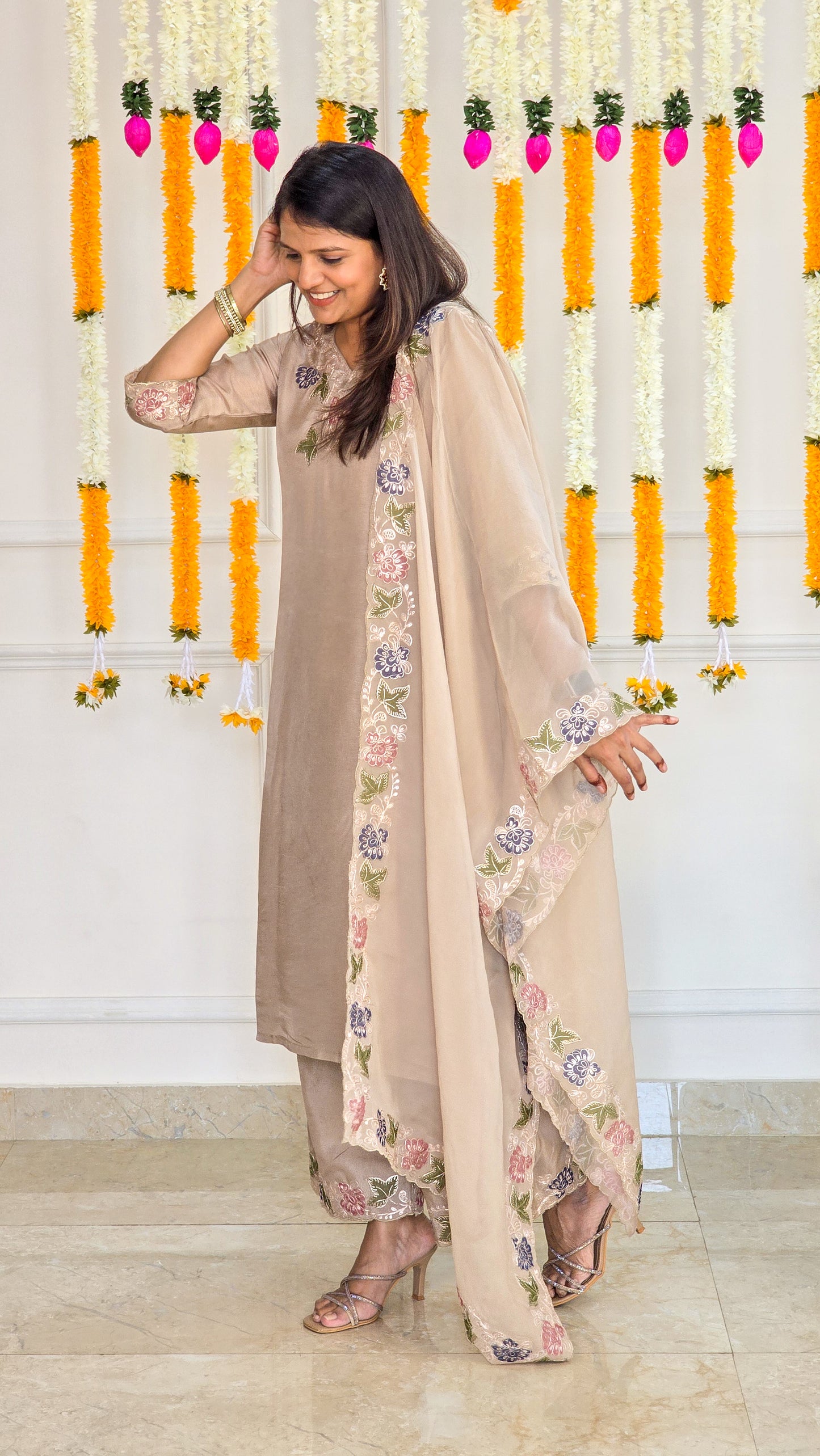 Golden Beige Applique Suit Set