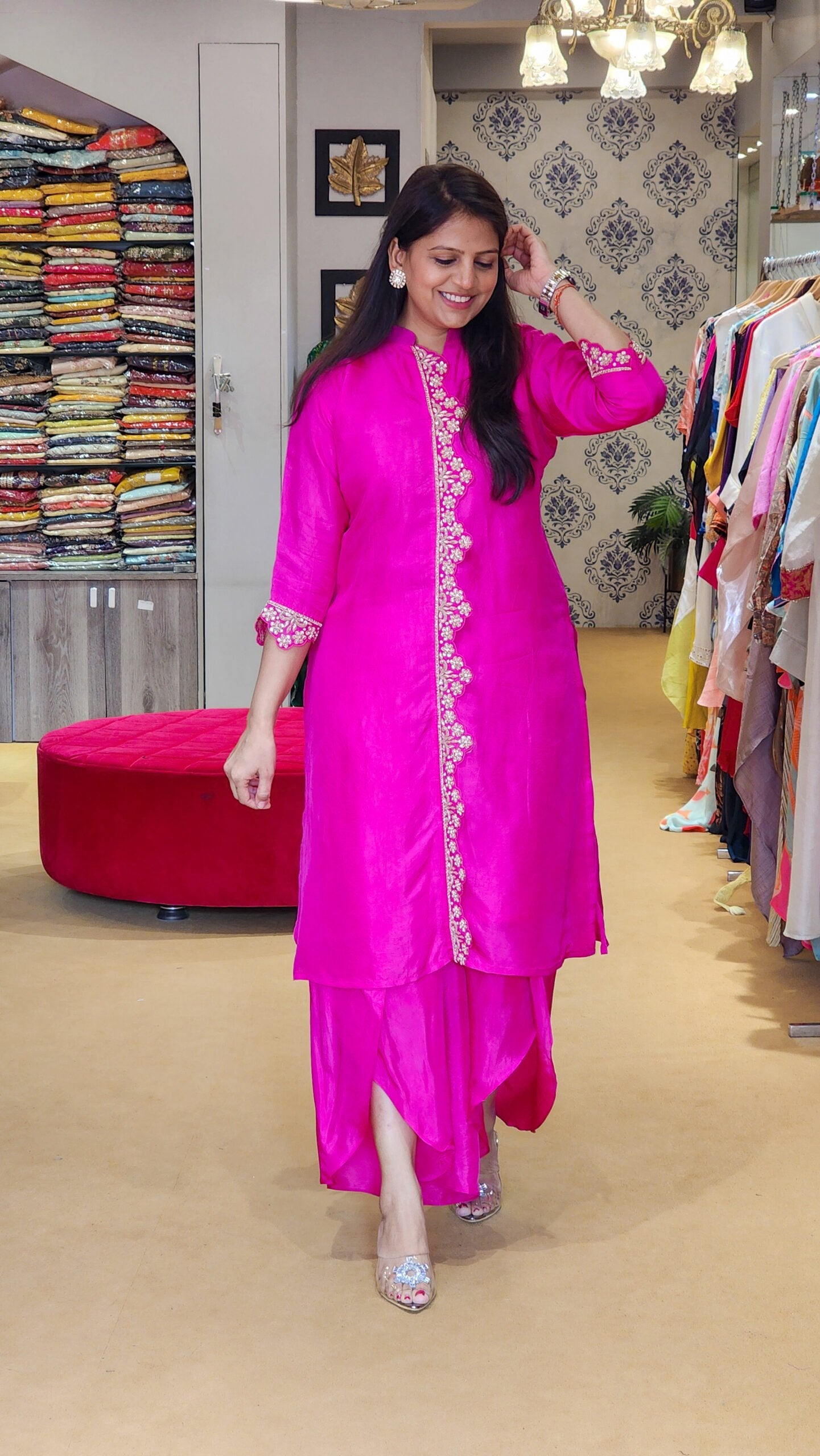 Hot Pink Zardosi Scalap Plazzo Set