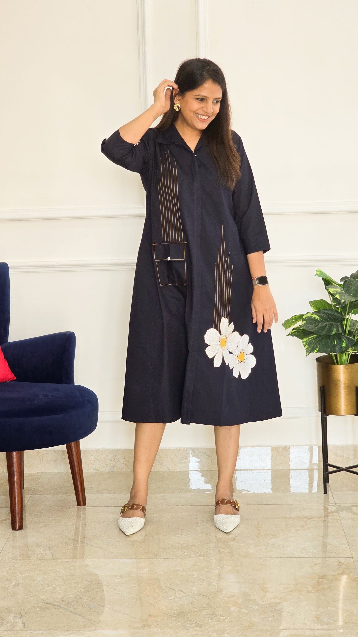 Navy Blue Daisy Cotton Tunic