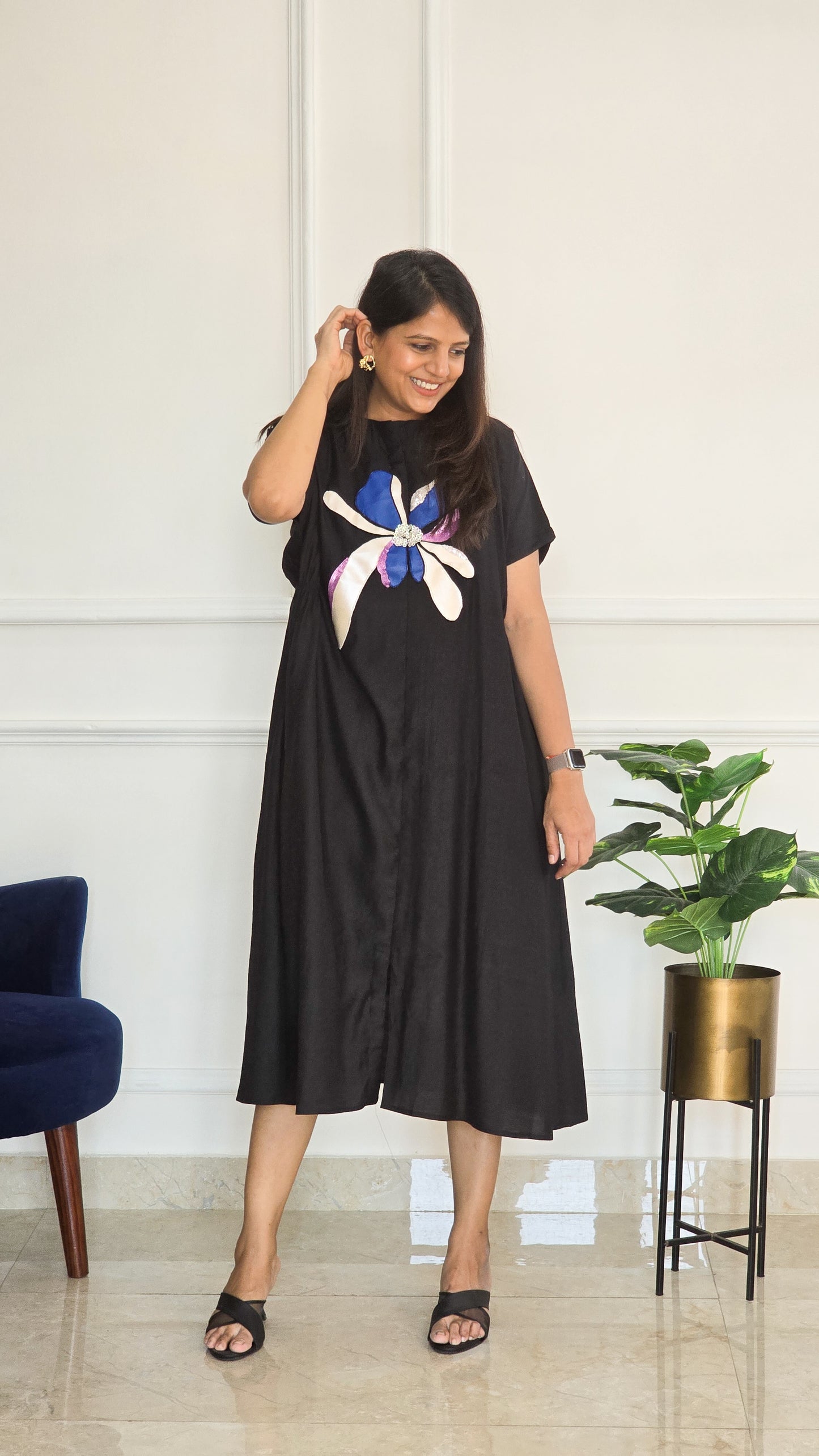 Black Leather Applique Floral Tunic