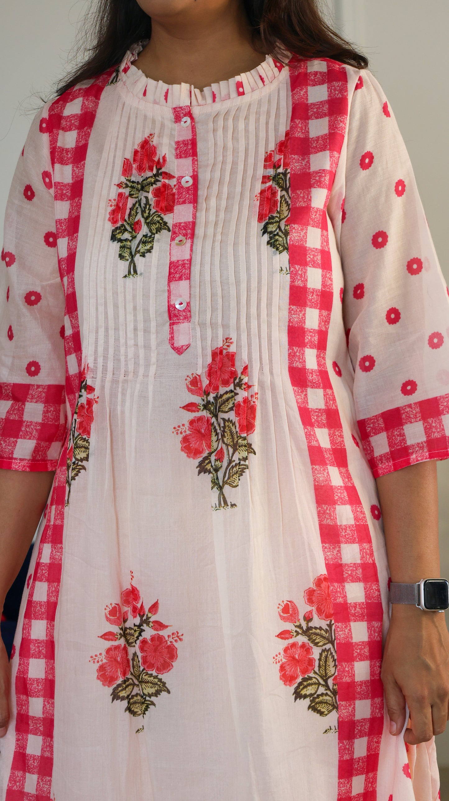 Pink Chequered Kurta Set