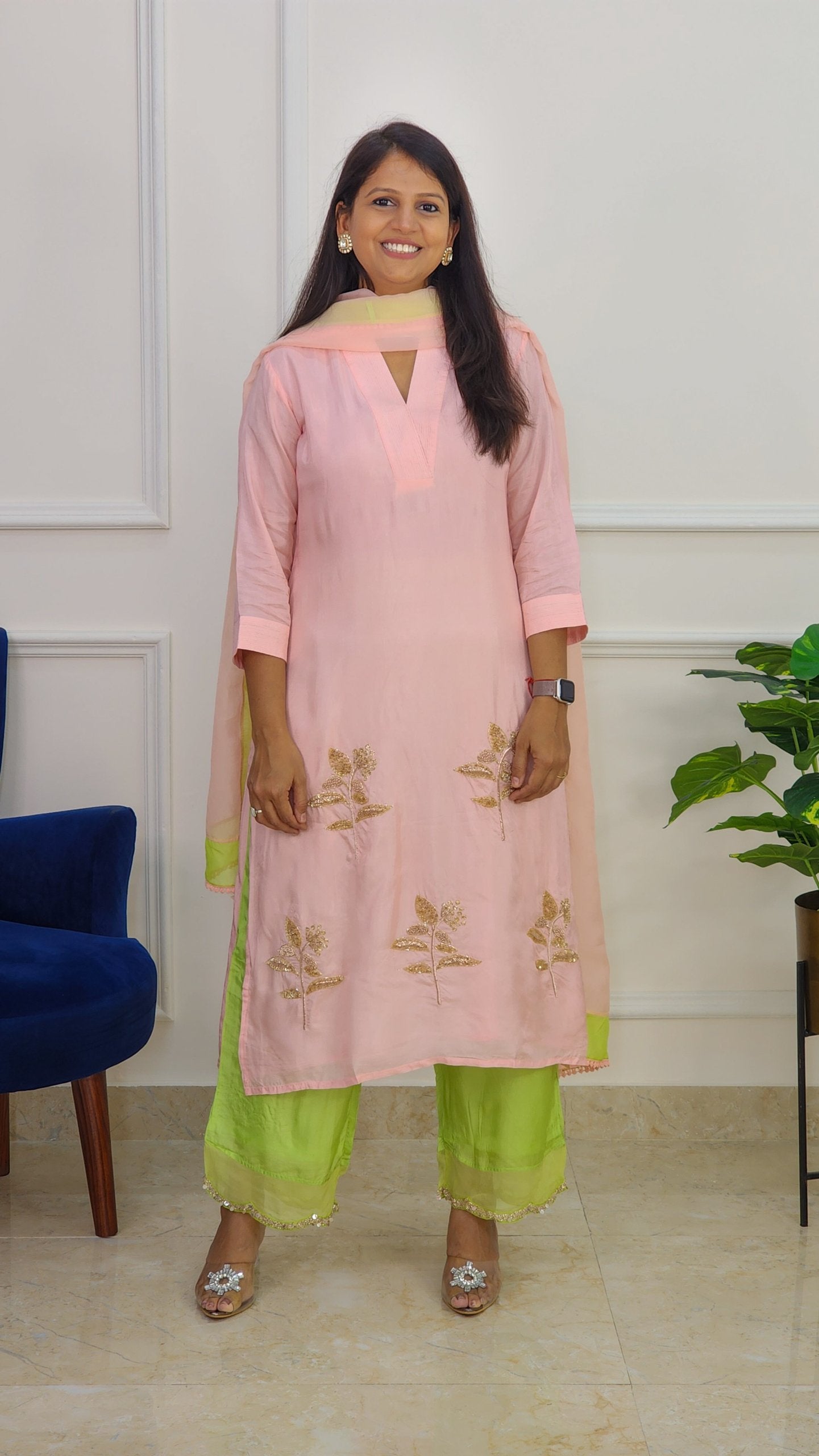Peach Suit Set With Organza Duppata