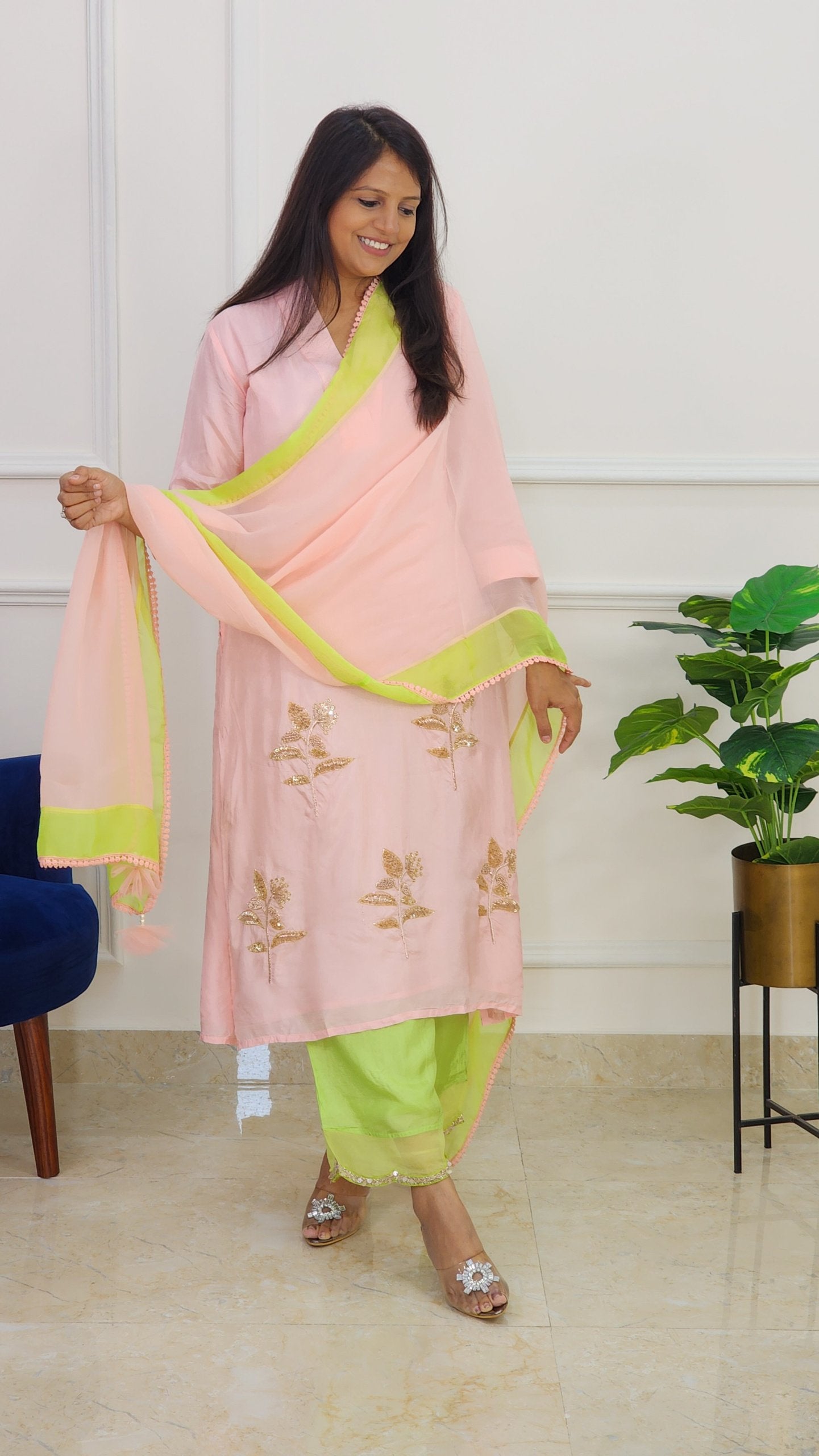 Peach Suit Set With Organza Duppata