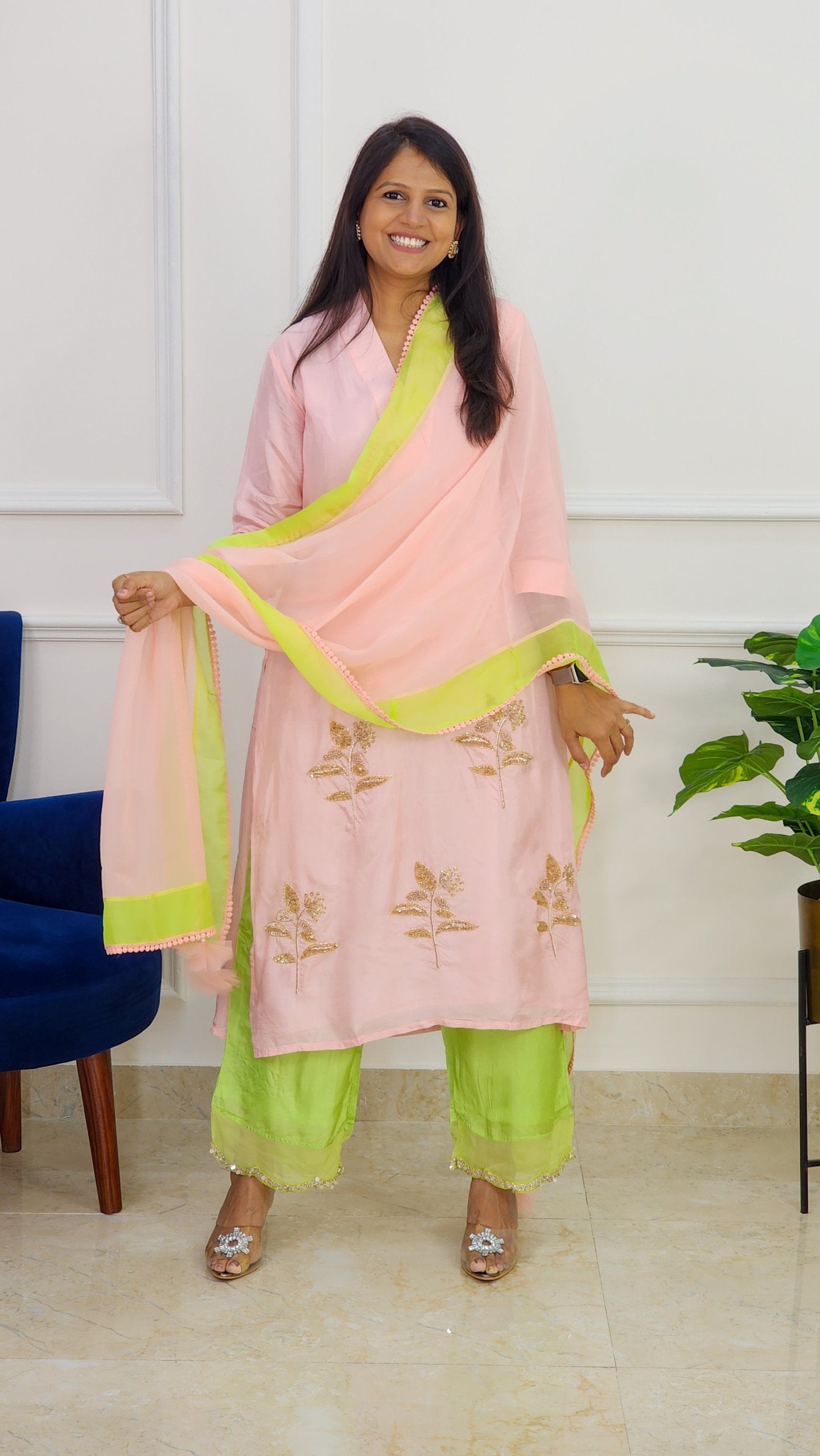 Peach Suit Set With Organza Duppata