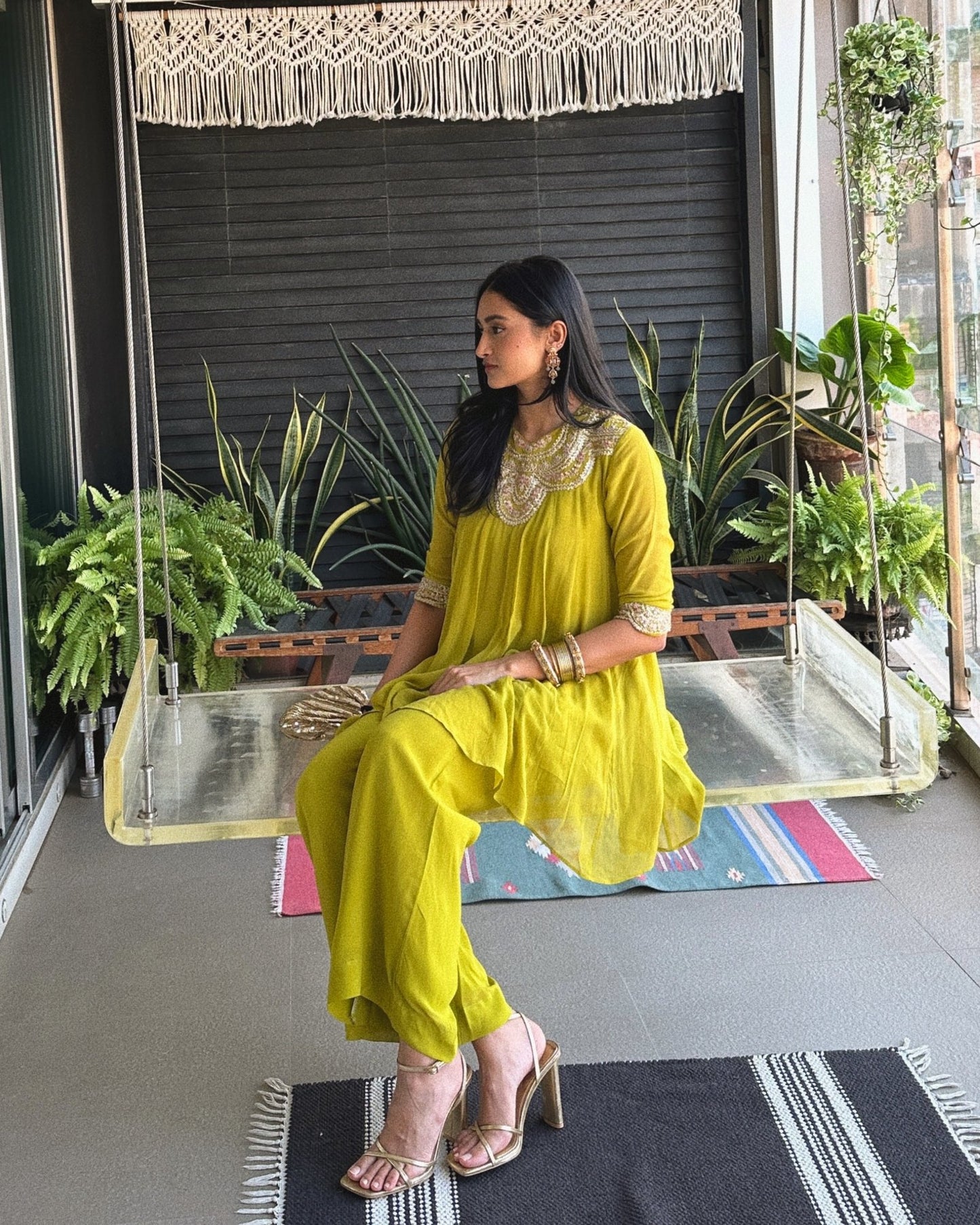 Tyohar ~ Mehendi Green Kali Top with Zardosi Work and Pallazo Set
