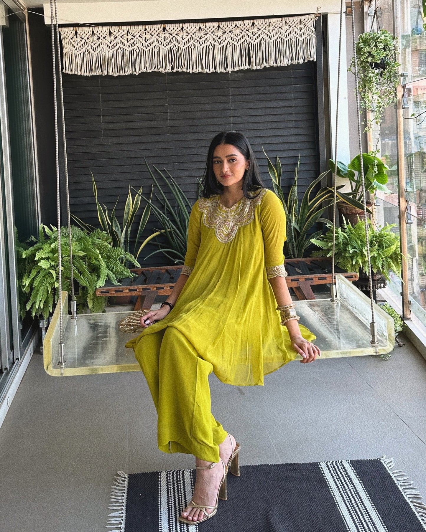 Tyohar ~ Mehendi Green Kali Top with Zardosi Work and Pallazo Set