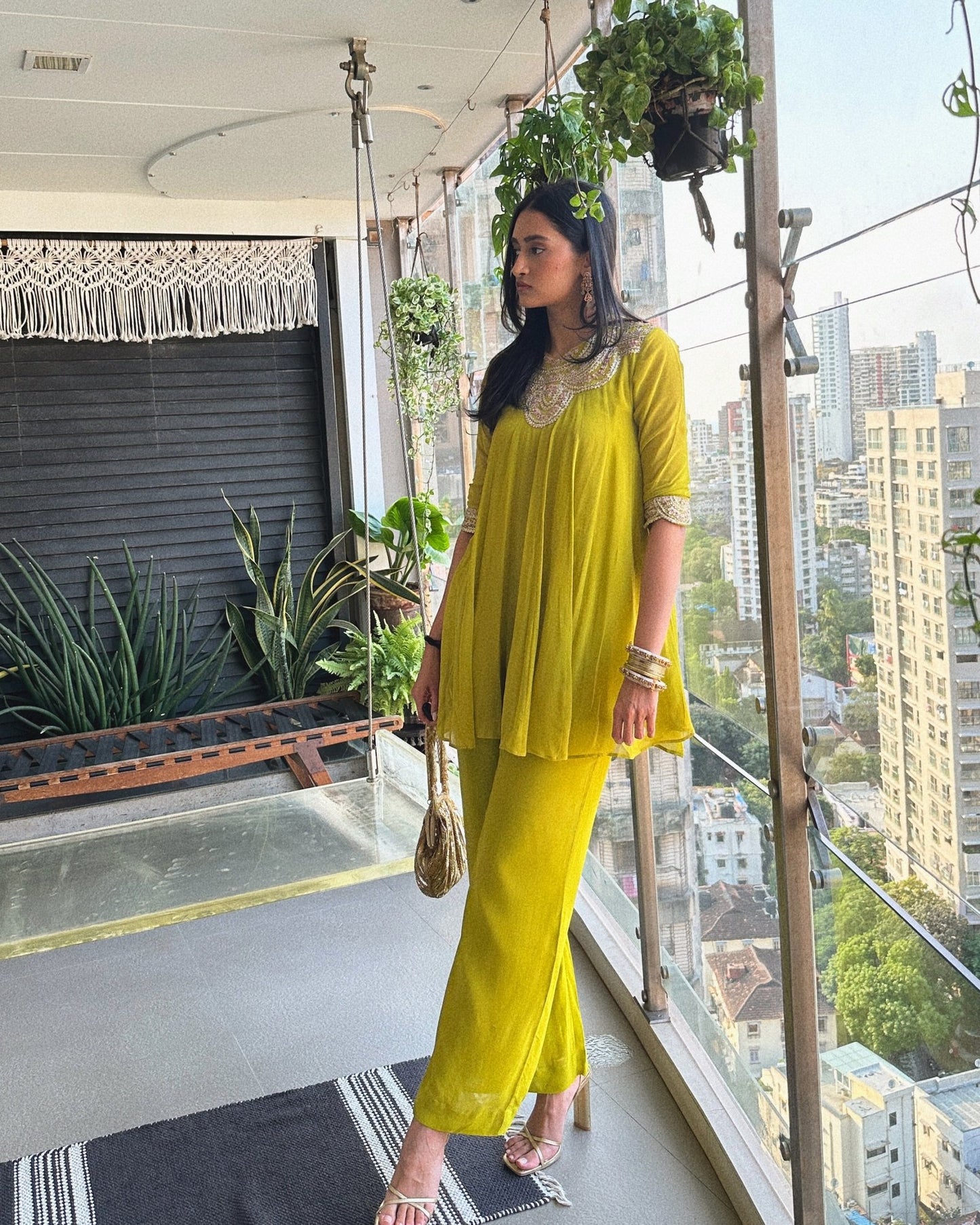 Tyohar ~ Mehendi Green Kali Top with Zardosi Work and Pallazo Set